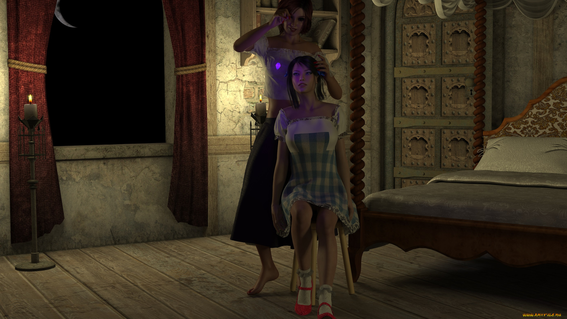 3д, графика, people, , люди, комната, свечи, девушки