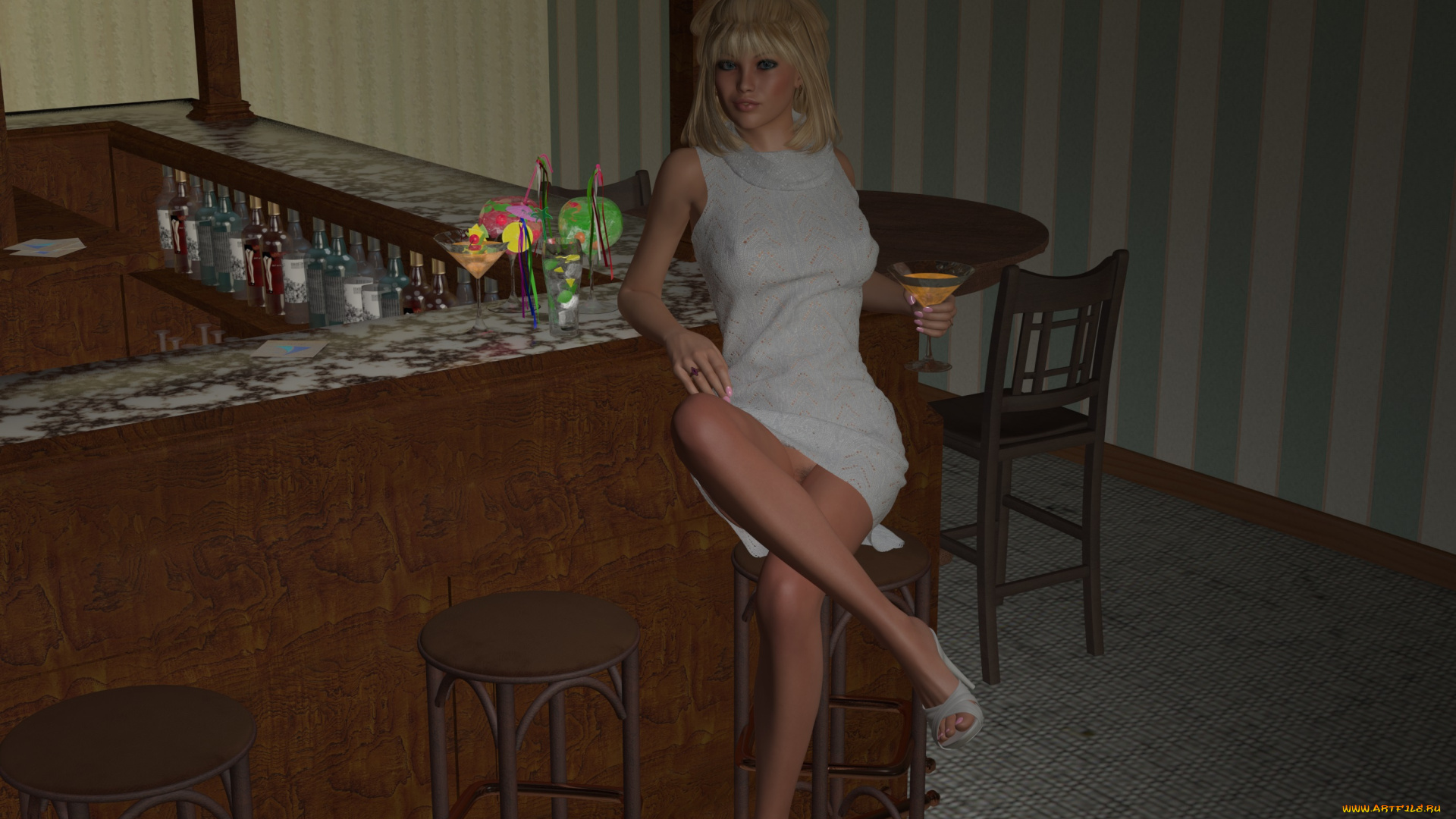 3д, графика, people, , люди, напитки, стойка, бар, взгляд, девушка