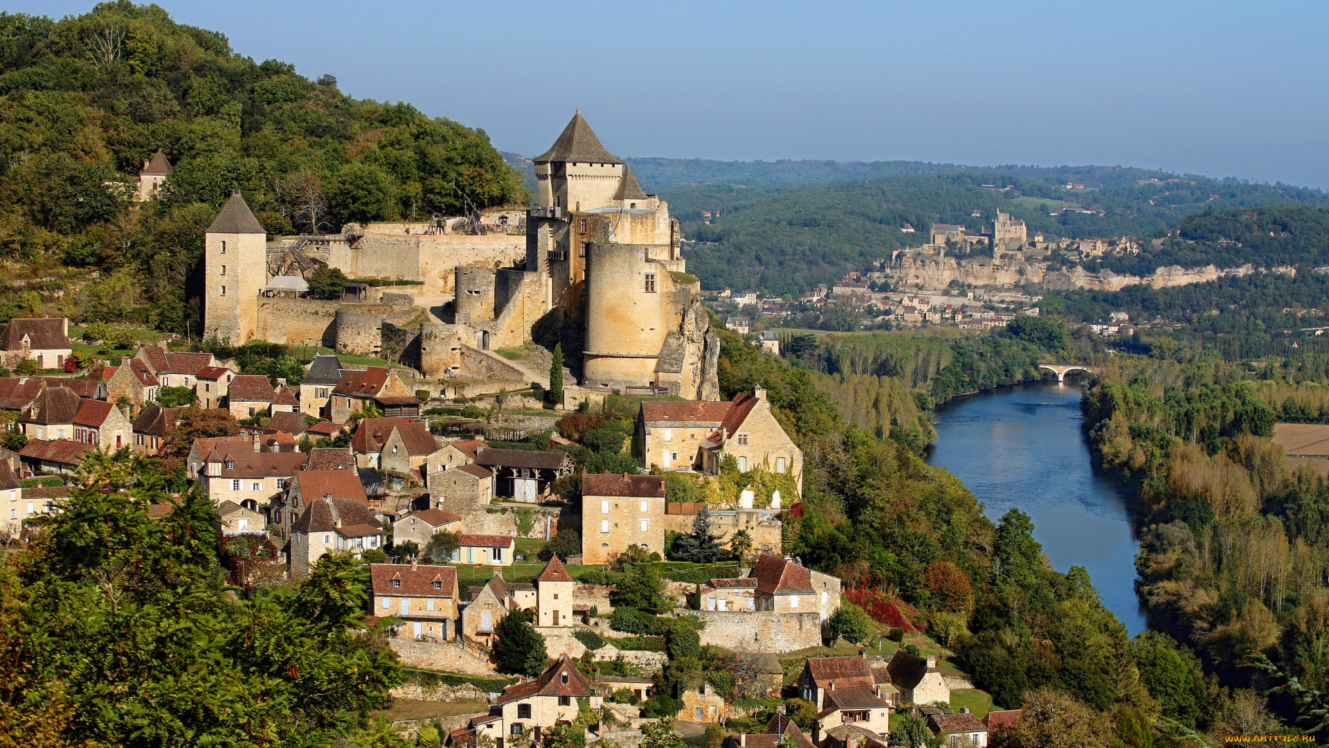 франция, аквитания, кастельно-ла-шапель, города, -, панорамы, река, пейзаж, аквитания, дома, франция