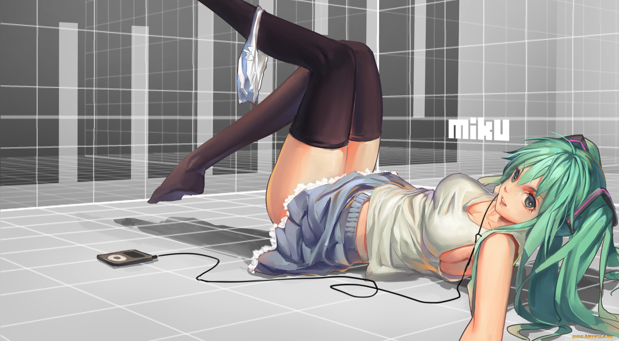 vocaloid, аниме, art, erkelee, девушка, hatsune, miku, взгляд, улыбка, трусики, плеер, музыка, поза, лежит, вокалоид