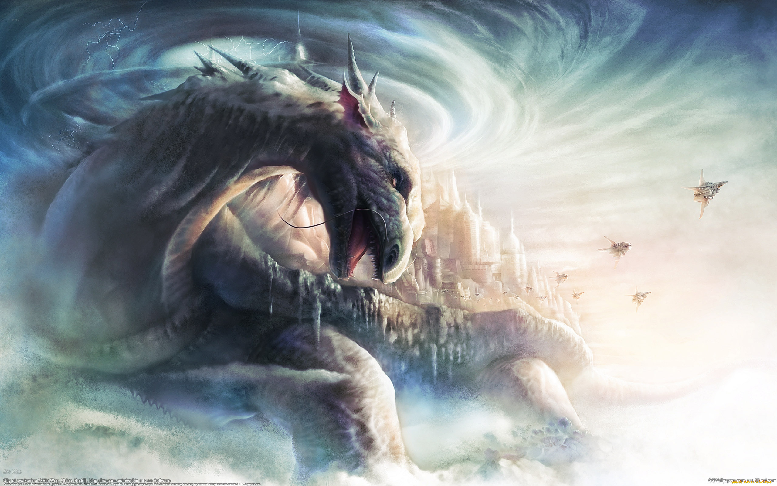 bin, wee, фэнтези, драконы, bin, wee, молнии, город, звездолёты, дракон