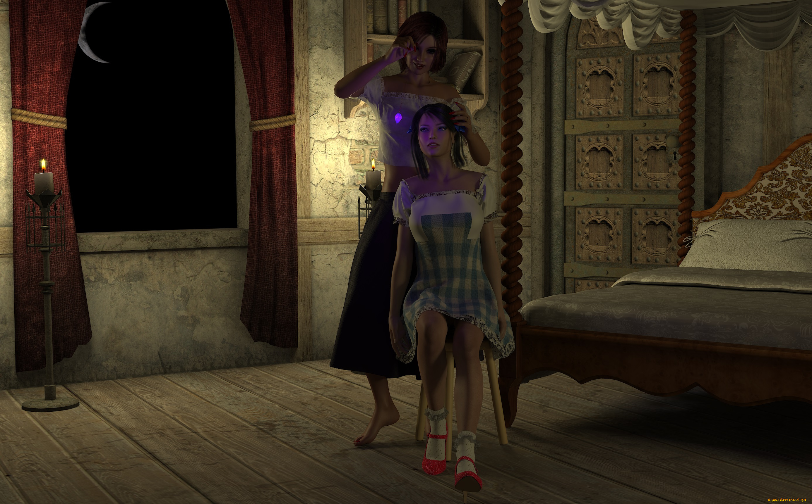 3д, графика, people, , люди, комната, свечи, девушки