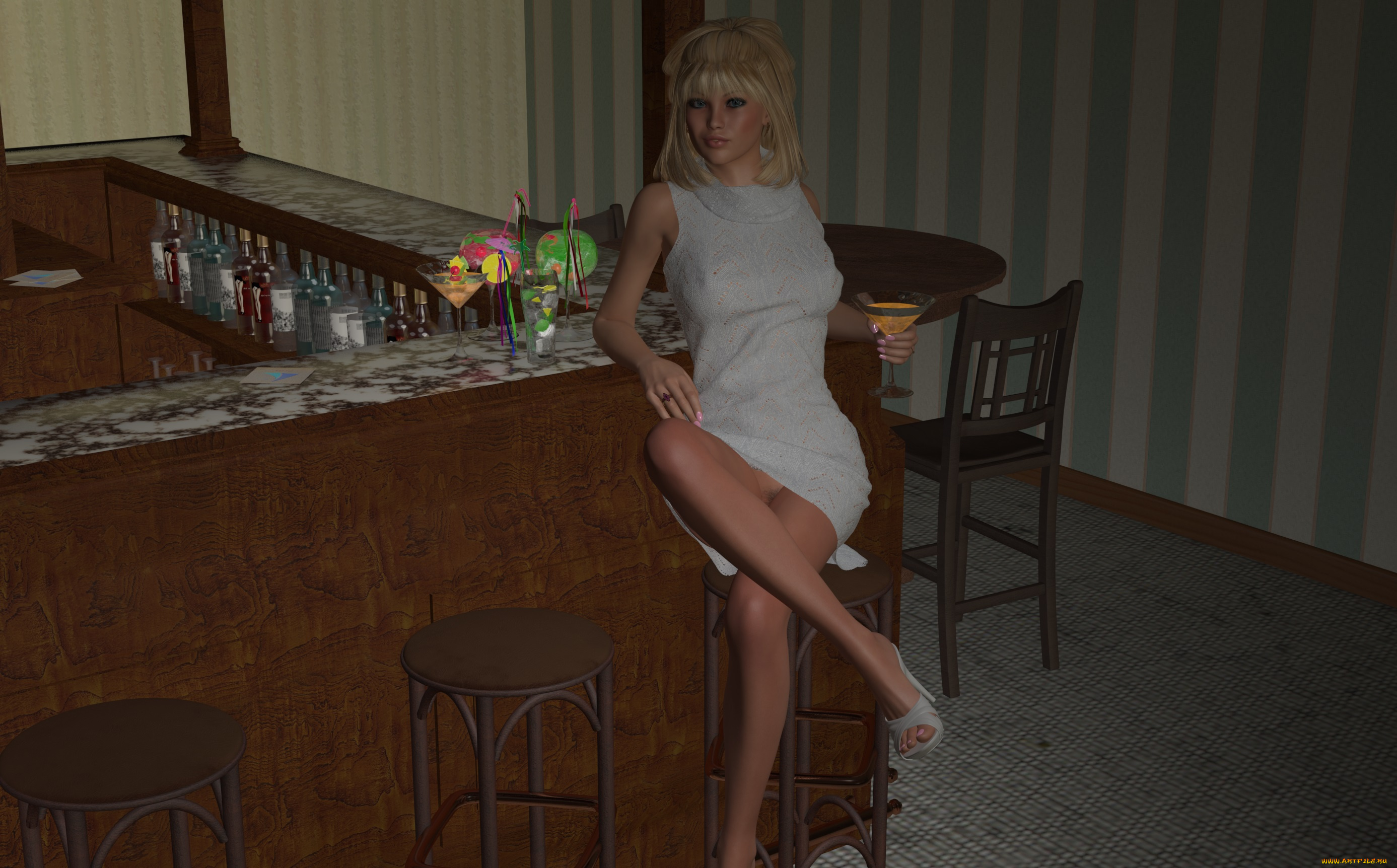 3д, графика, people, , люди, напитки, стойка, бар, взгляд, девушка