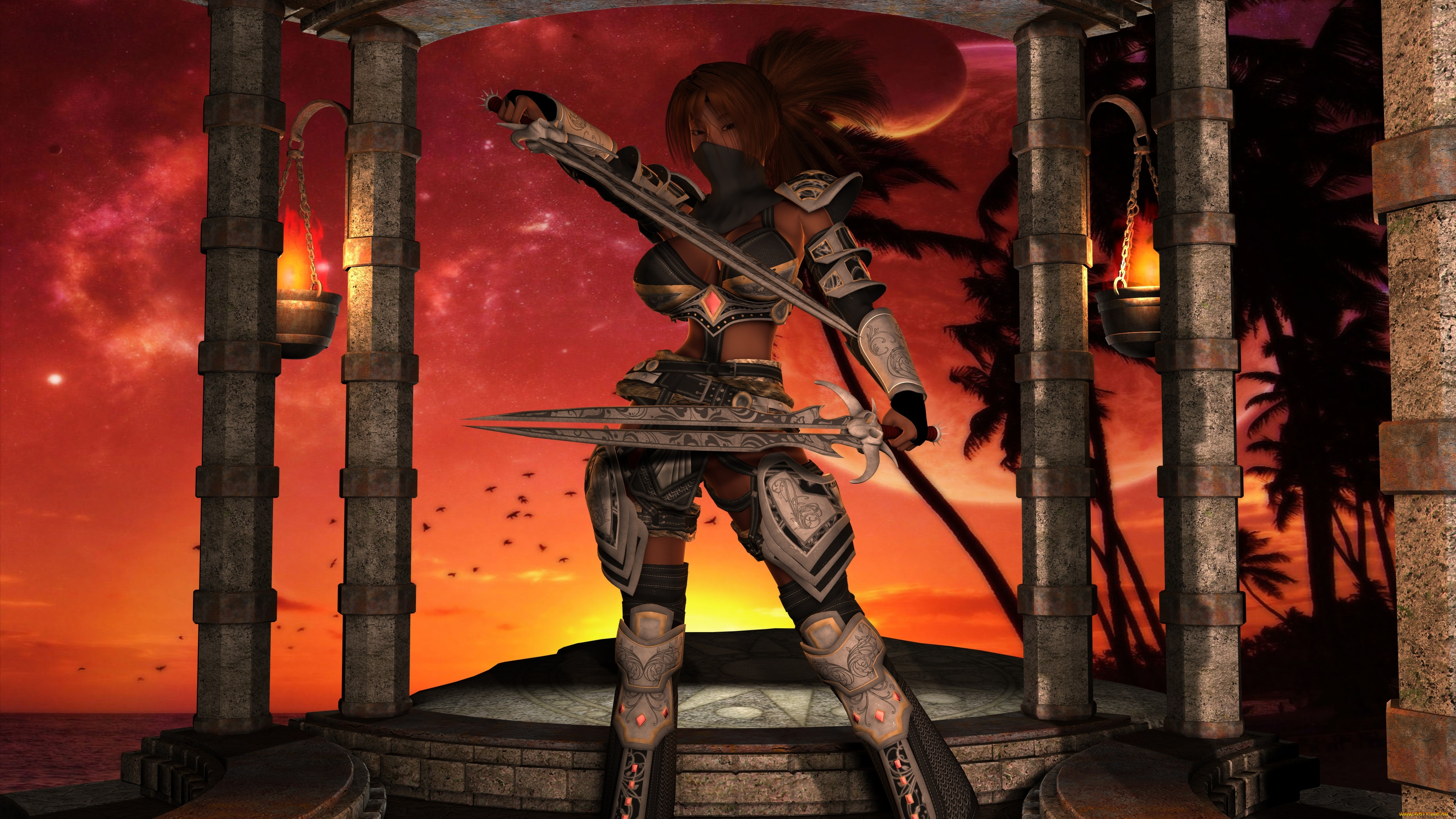 3д, графика, amazon, , амазонки, закат, огонь, оружие, девушка