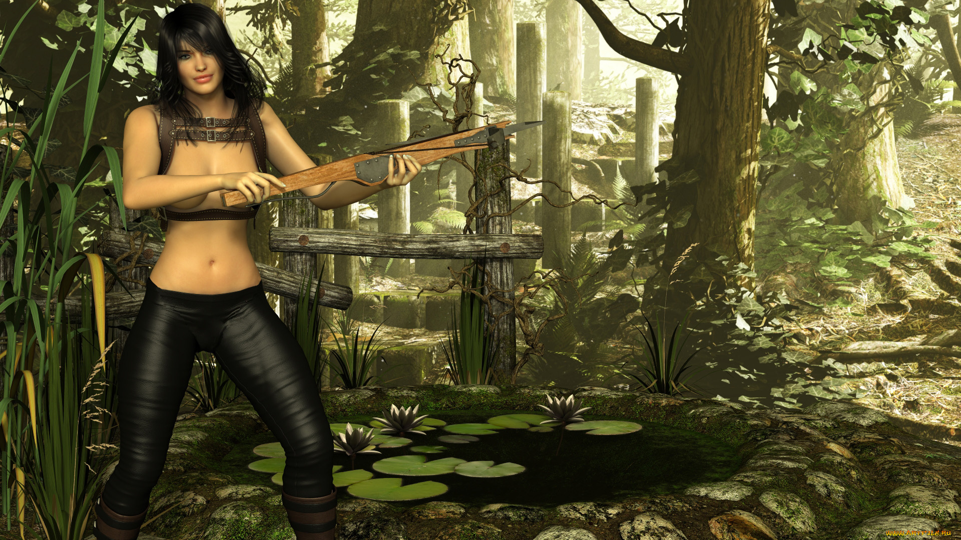 3д, графика, амазонки, , amazon, цветы, фон, арбалет, водоем, взгляд, девушка, растение