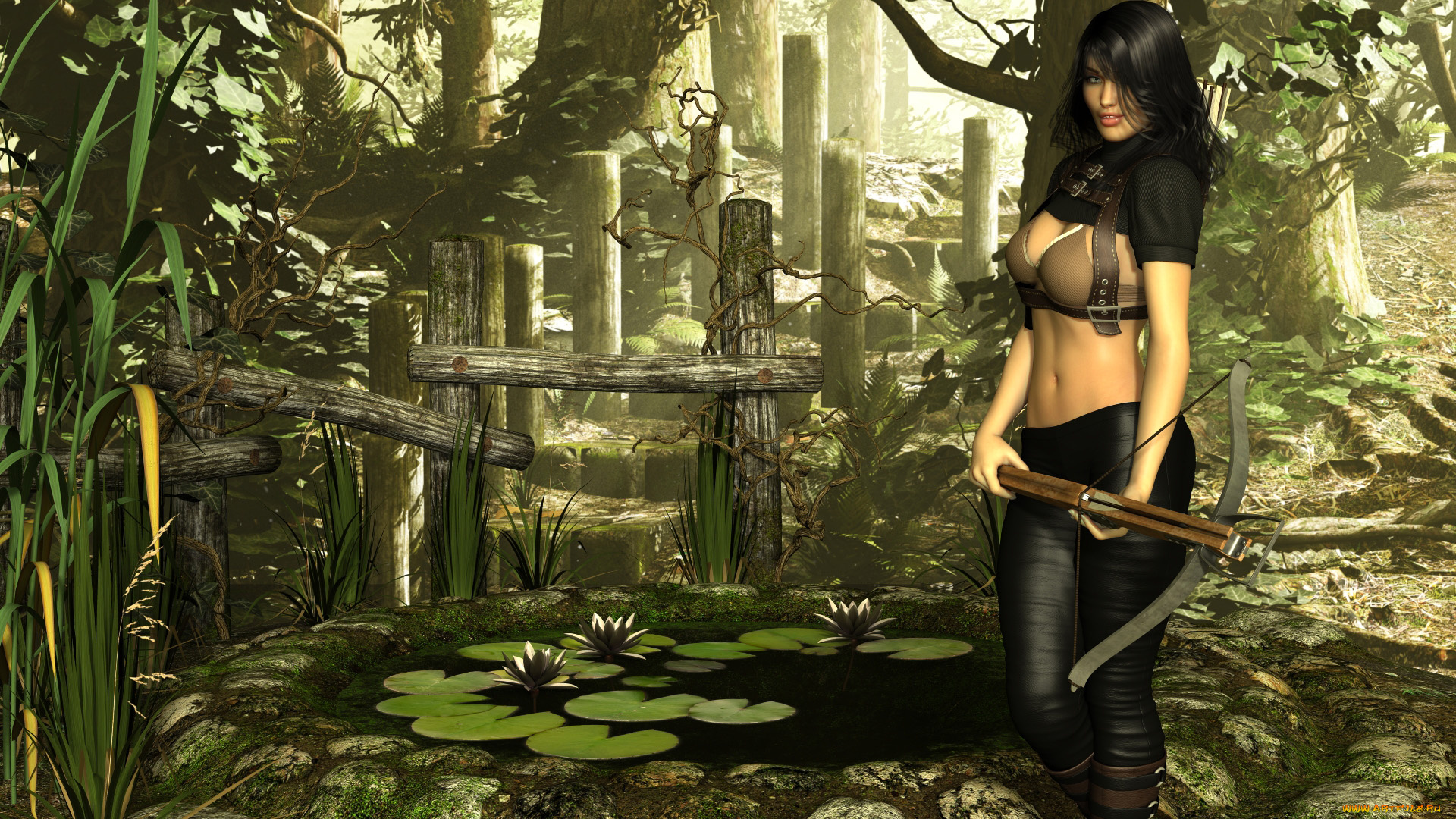 3д, графика, амазонки, , amazon, цветы, водоем, фон, арбалет, растение, взгляд, девушка