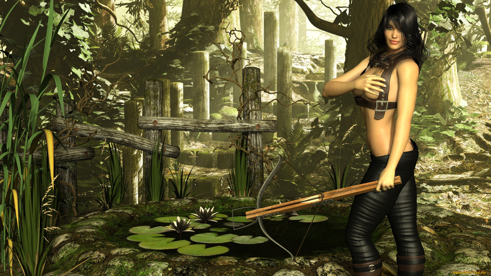 3д, графика, амазонки, , amazon, водоем, арбалет, взгляд, растение, цветы, девушка, фон