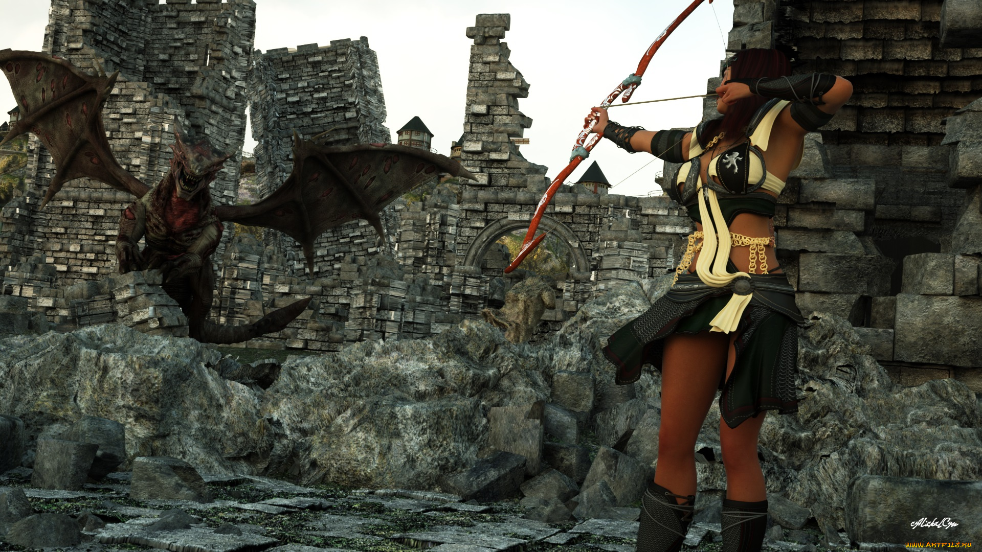 3д, графика, фантазия, , fantasy, дракон, лук, взгляд, девушка