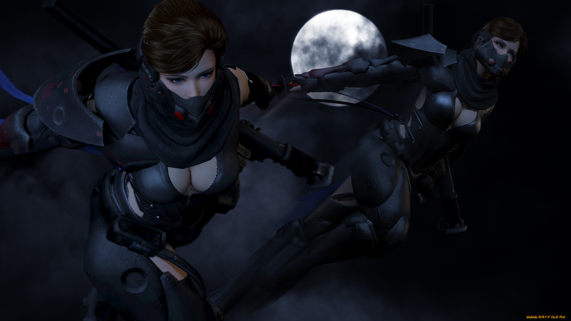 3д, графика, фантазия, , fantasy, оружие, луна, фон, взгляд, девушки