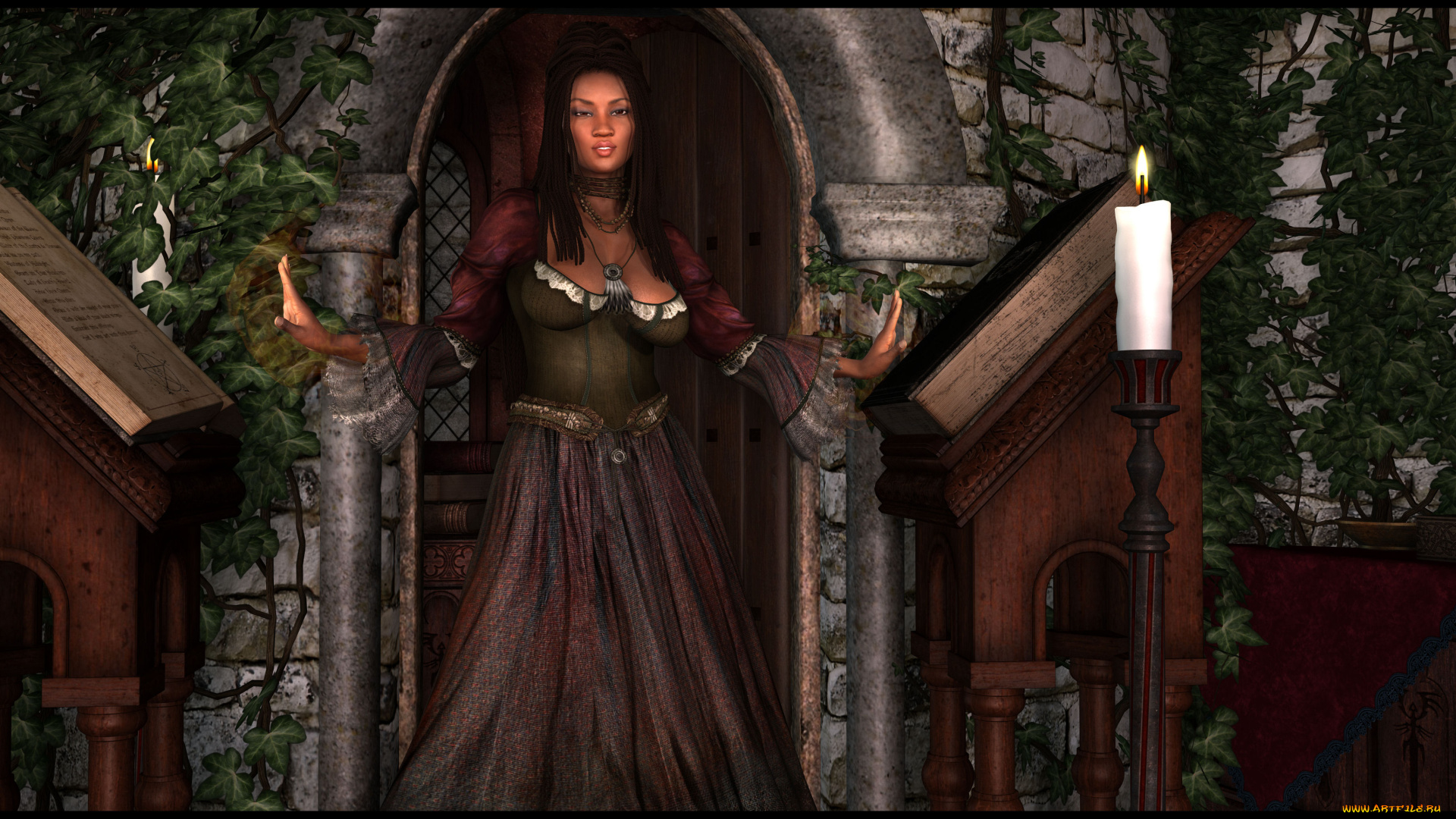3д, графика, фантазия, , fantasy, свечи, фон, взгляд, девушка, книги, склеп
