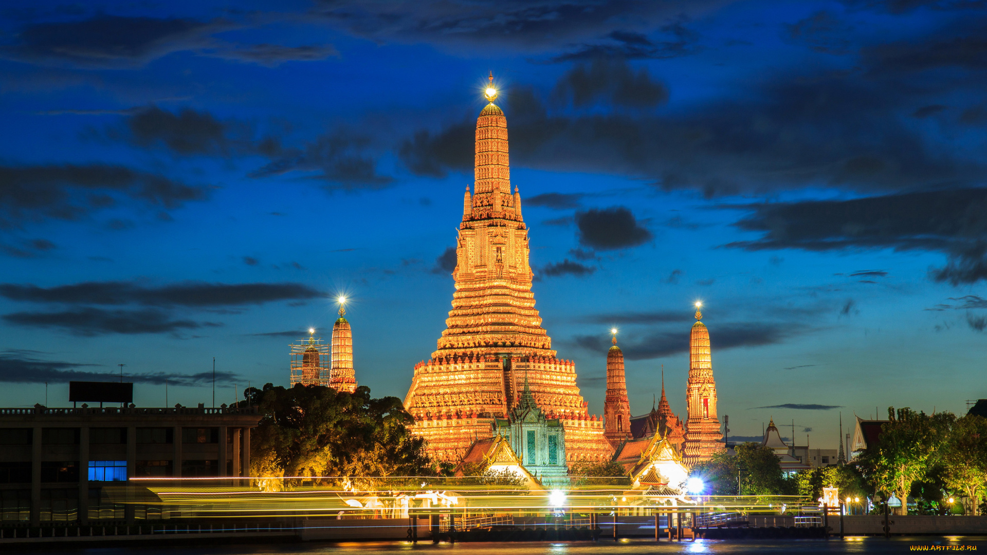 бангкок, таиланд, города, бангкок, , таиланд, бангкок, огни, ночь, река, дома, храм