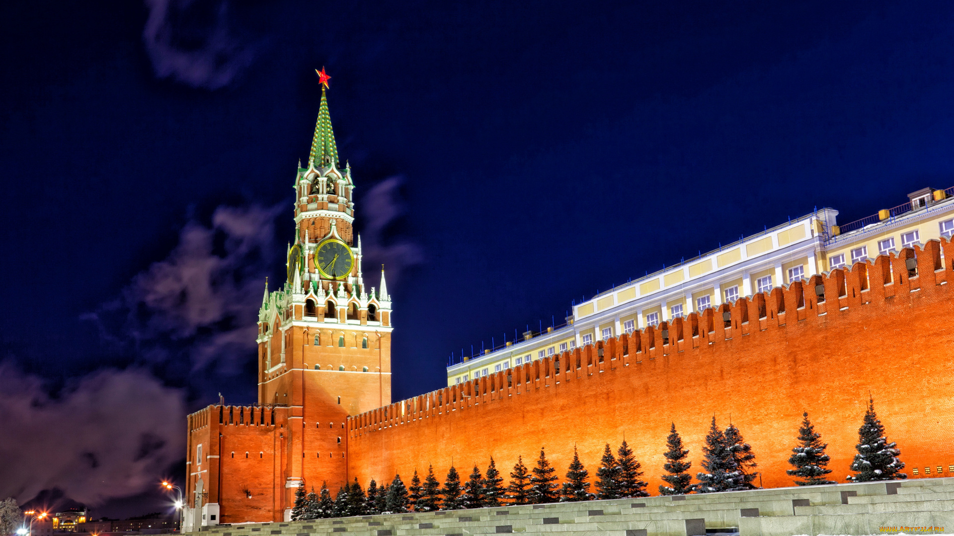 города, москва, , россия, кремль, москва, ночь, ель, стена