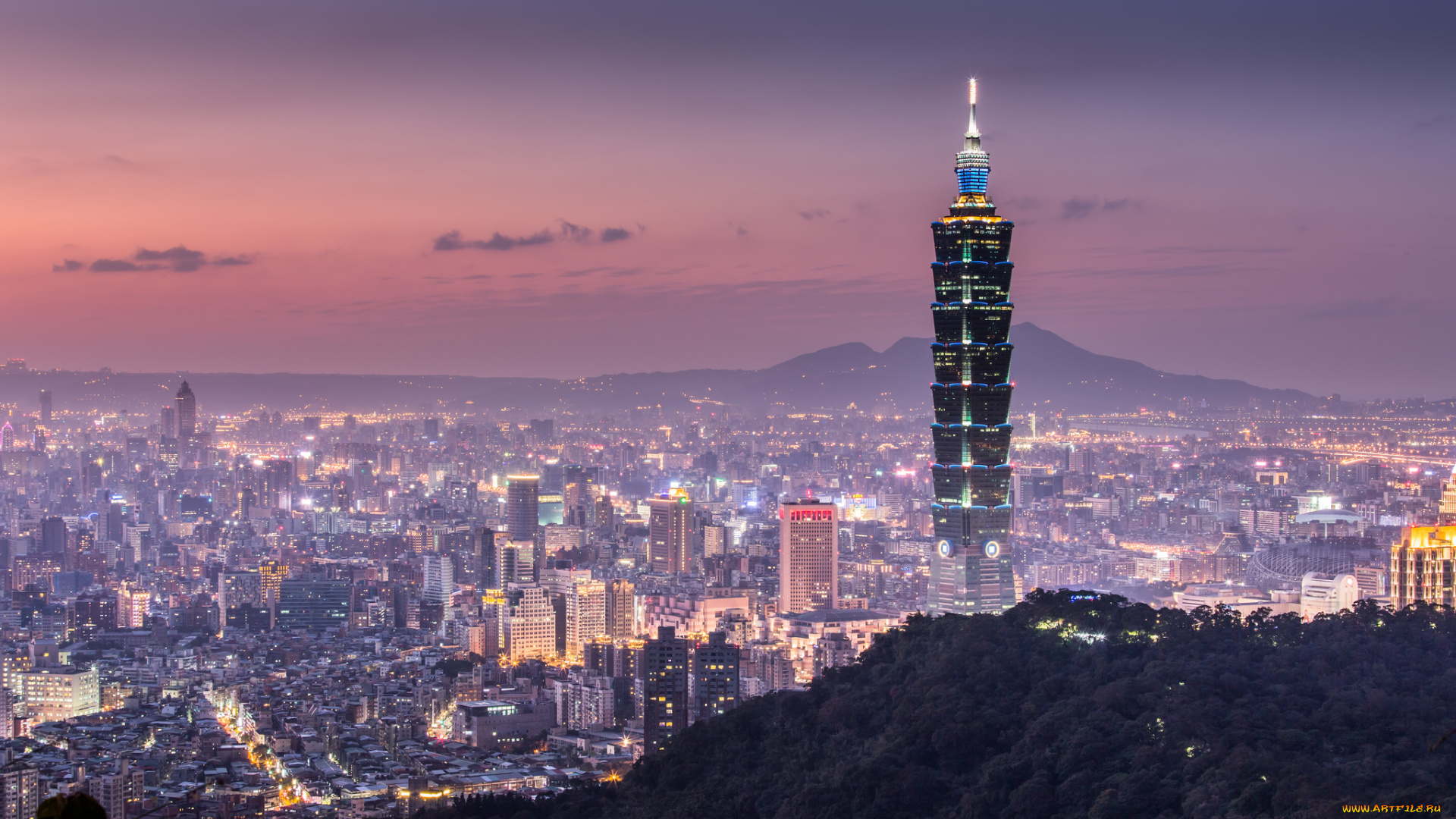 города, тайбэй, , тайвань, , китай, панорама, рассвет, туман, город, огни