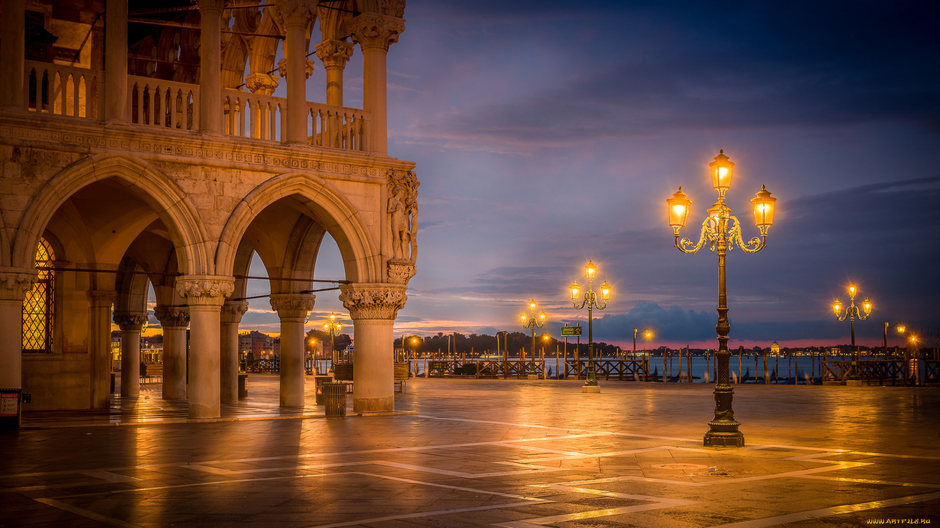 города, венеция, , италия, венеция, дворец, дожей, зарево, рассвет, канал, огни, пьяцетта, фонарь
