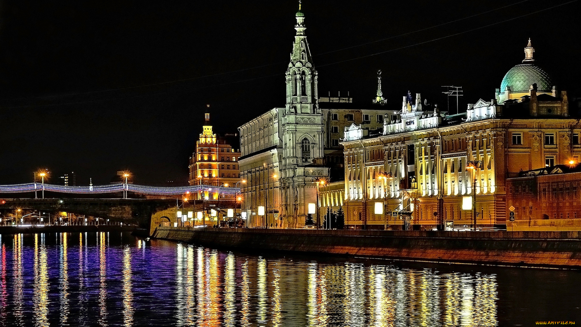 moscow, города, москва, , россия, река, ночь, набережная