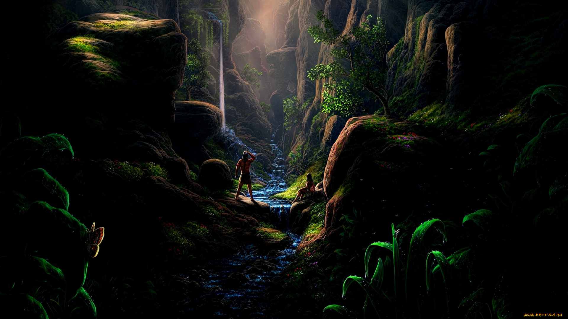 рисованное, природа, горы, каньён, деревья, люди