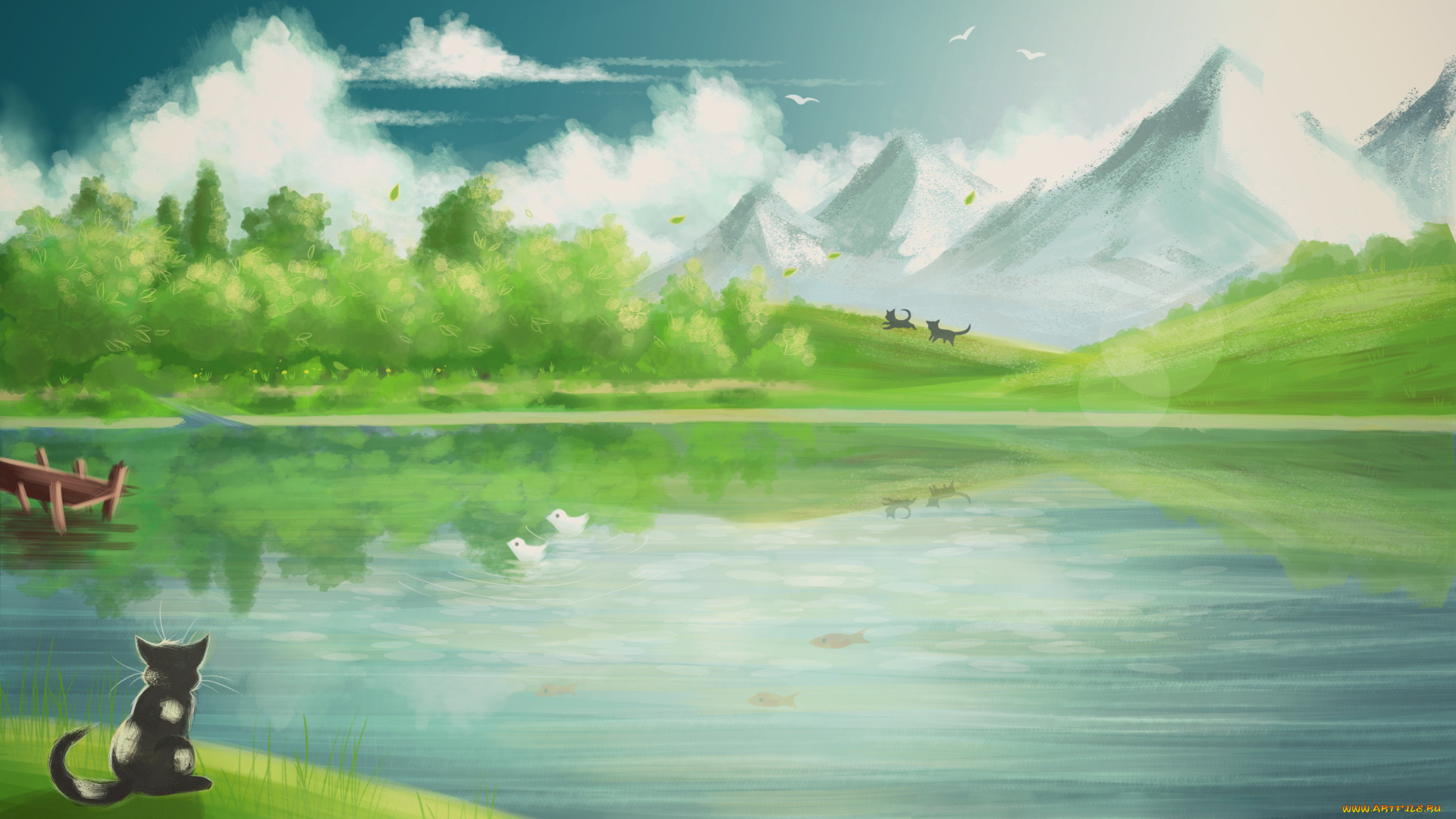 рисованное, природа, кот, горы, пейзаж, рыбки, облака, птицы