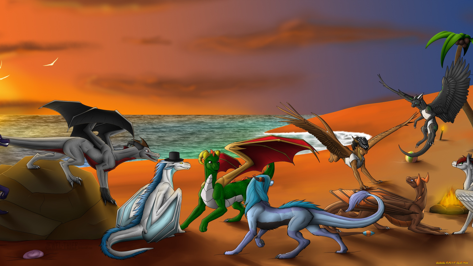 рисованное, животные, , сказочные, , мифические, драконы, закат, море