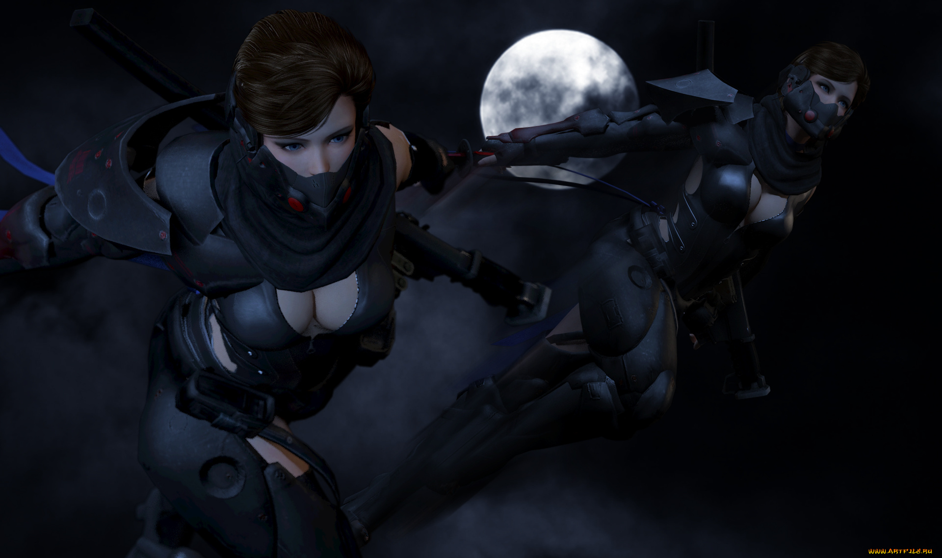 3д, графика, фантазия, , fantasy, оружие, луна, фон, взгляд, девушки