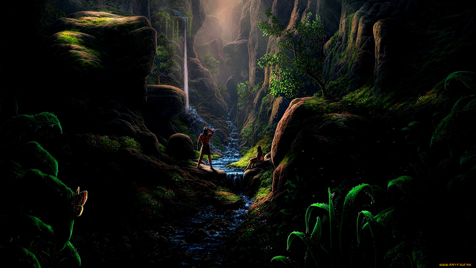 рисованное, природа, горы, каньён, деревья, люди