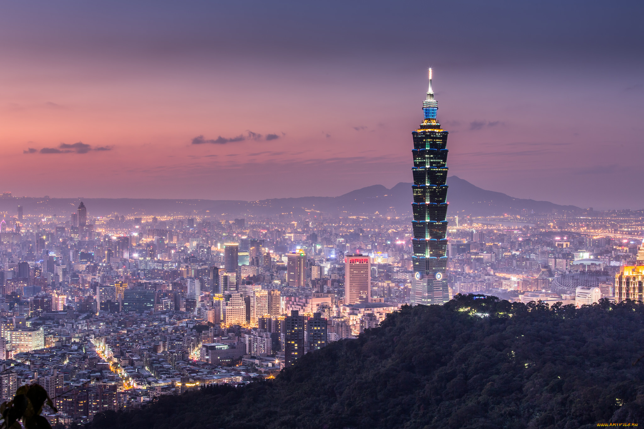 города, тайбэй, , тайвань, , китай, панорама, рассвет, туман, город, огни