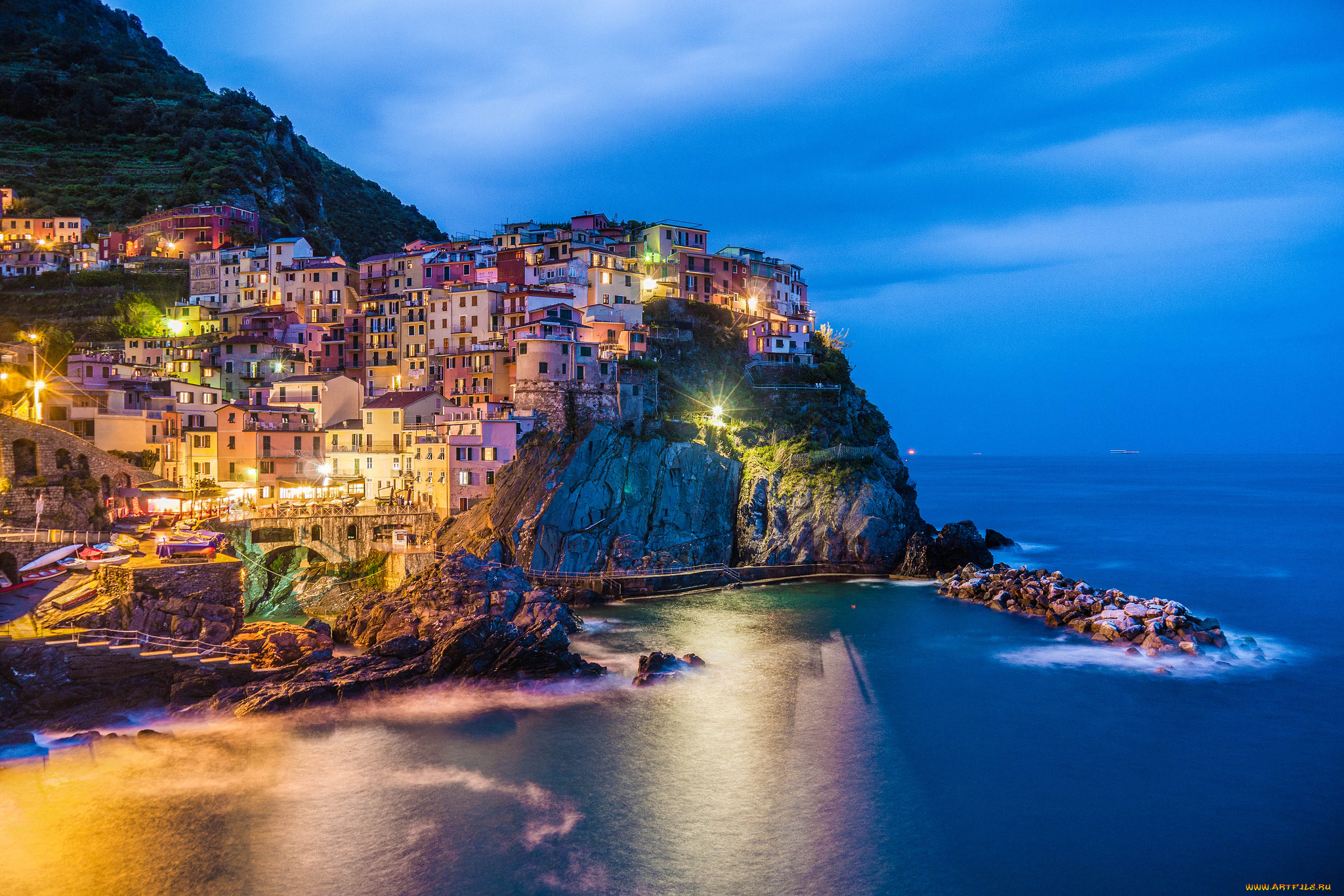 manarola, blue, hour, города, амальфийское, и, лигурийское, побережье, , италия, побережье, скалы, дома, огни