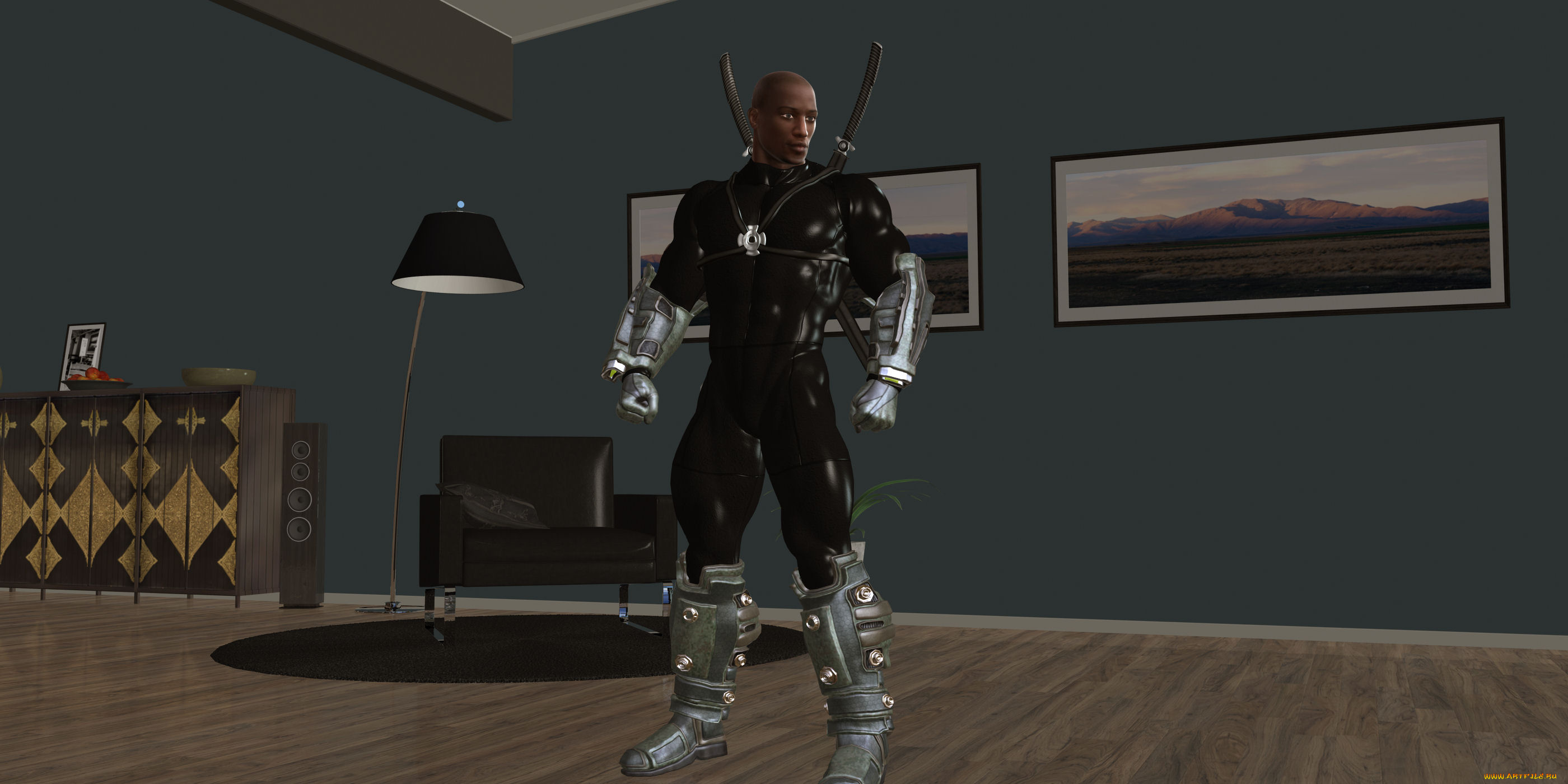 3д, графика, люди, , people, взгляд, фон, самурай, картины, комната, мужчина