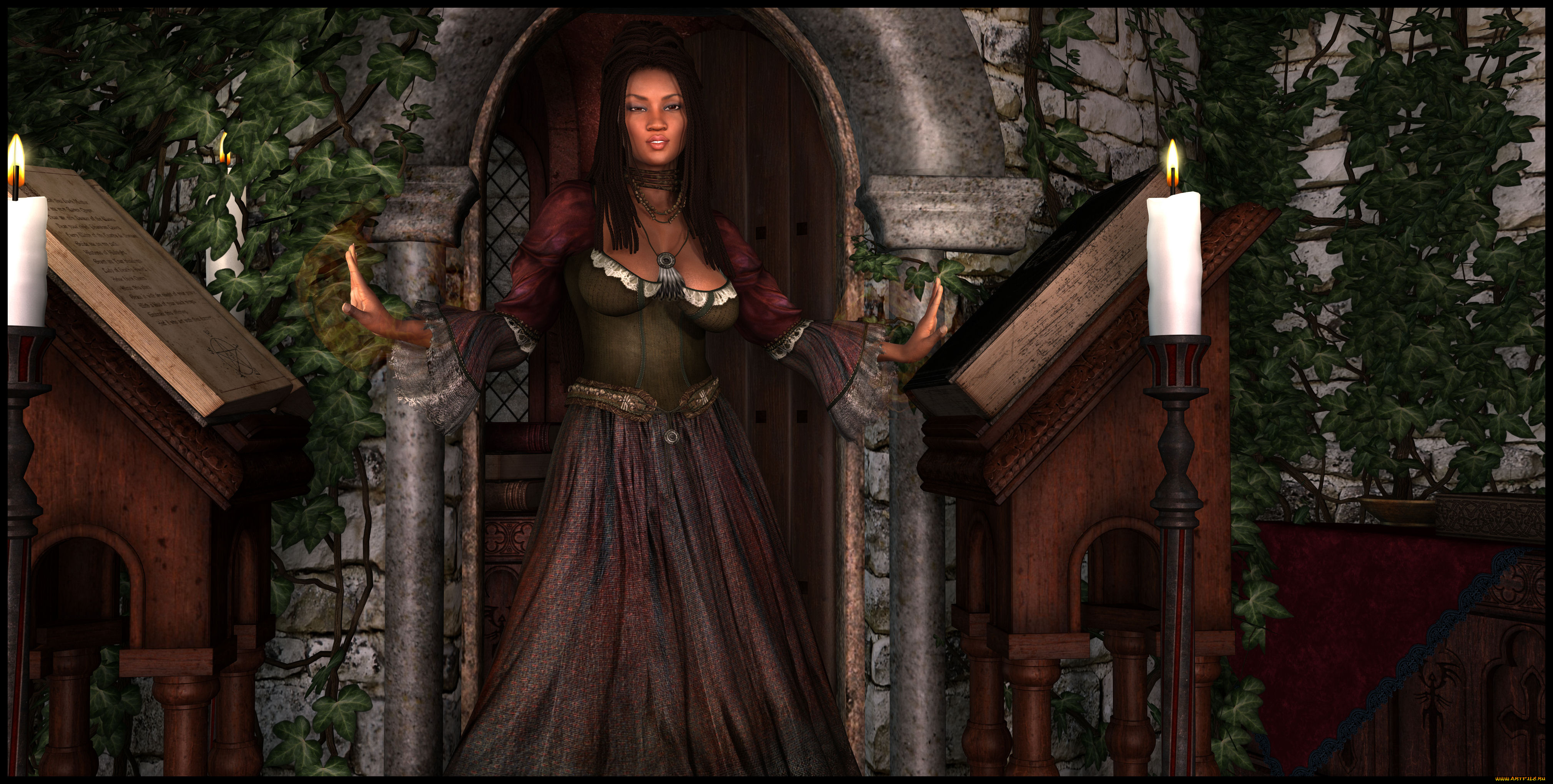 3д, графика, фантазия, , fantasy, свечи, фон, взгляд, девушка, книги, склеп