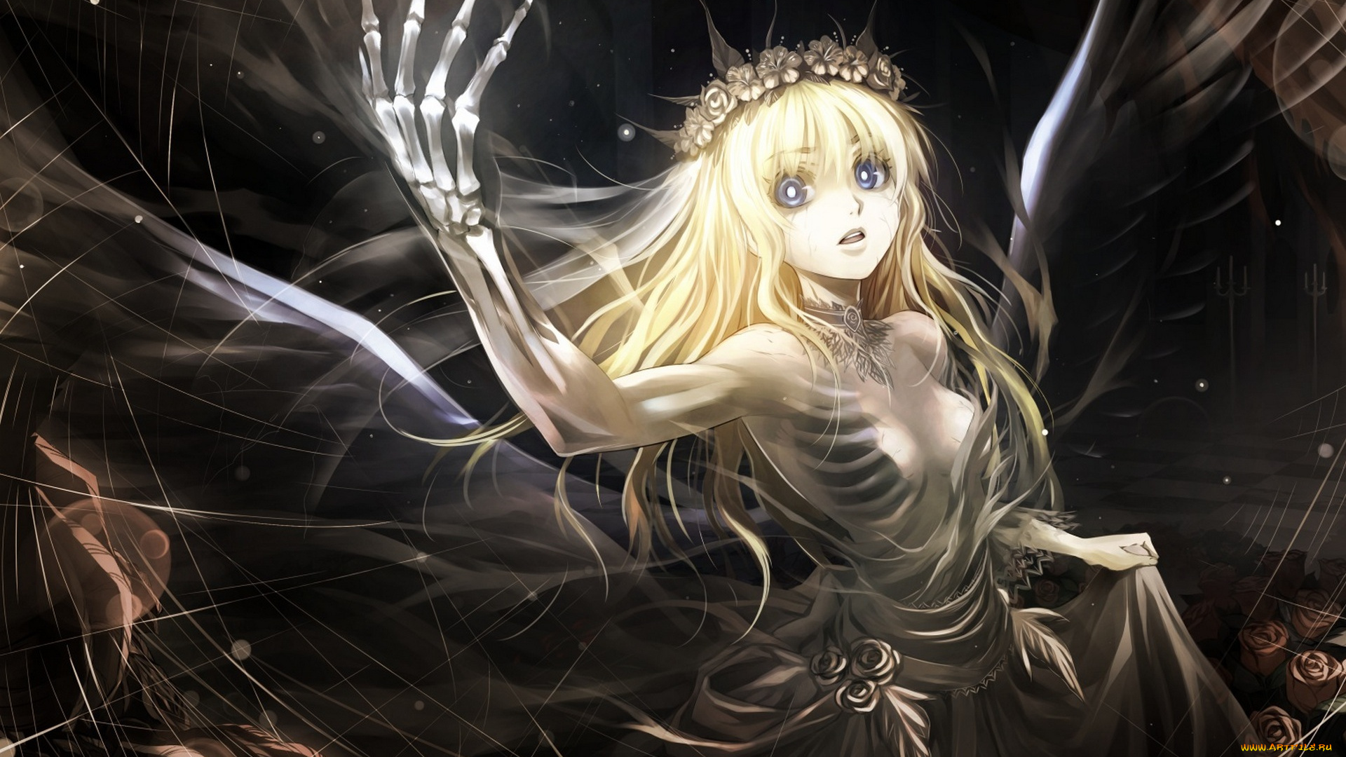 аниме, ангелы, , демоны, цветы, крылья, венок, девушка, скелет, ребра, кости, розы, kriss, sison, арт