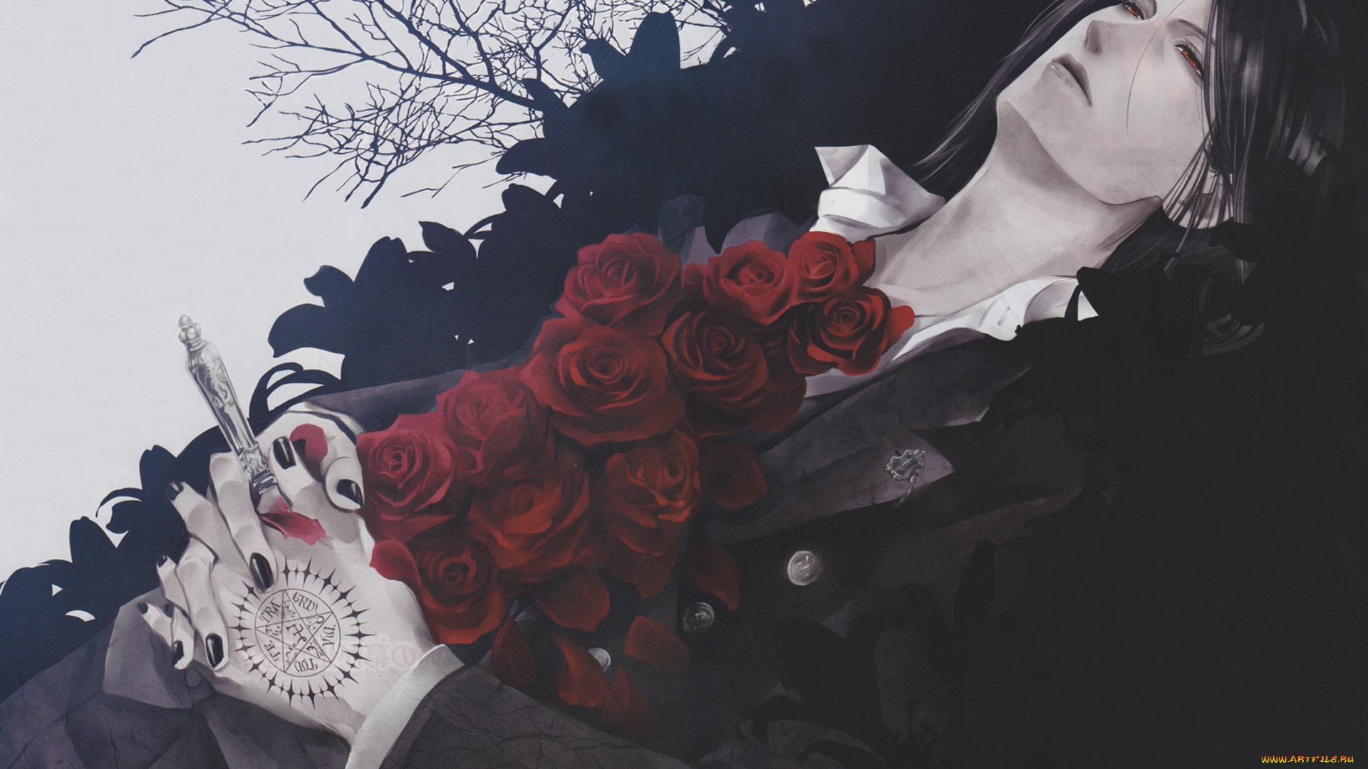 аниме, kuroshitsuji, лепестки, рана, нож, себастьян