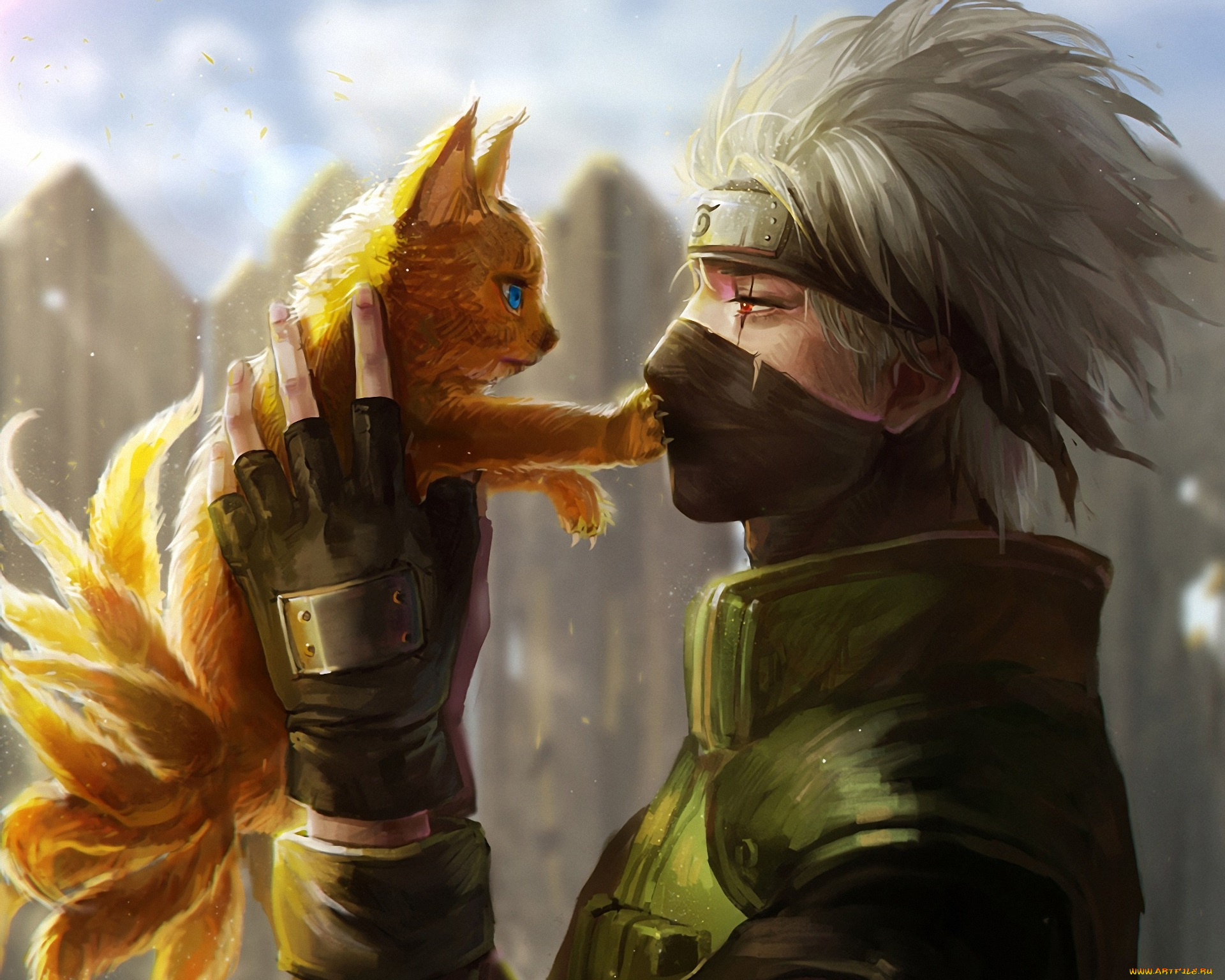 аниме, naruto, шрам, бандана, хвосты, лис, парень, hatake, kakashi, арт, oreki, genya