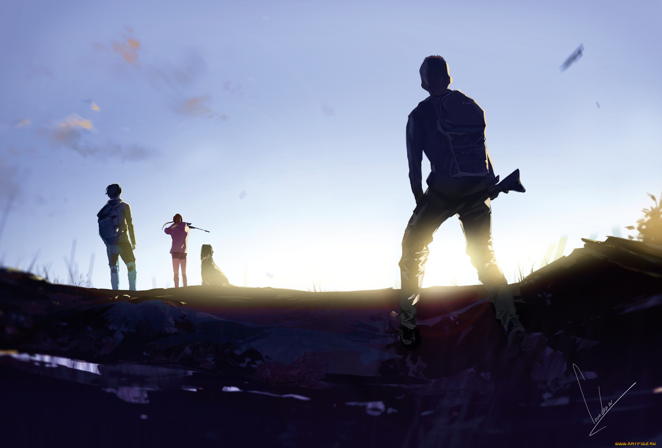 аниме, оружие, , техника, , технологии, девушка, закат, парни, loundraw