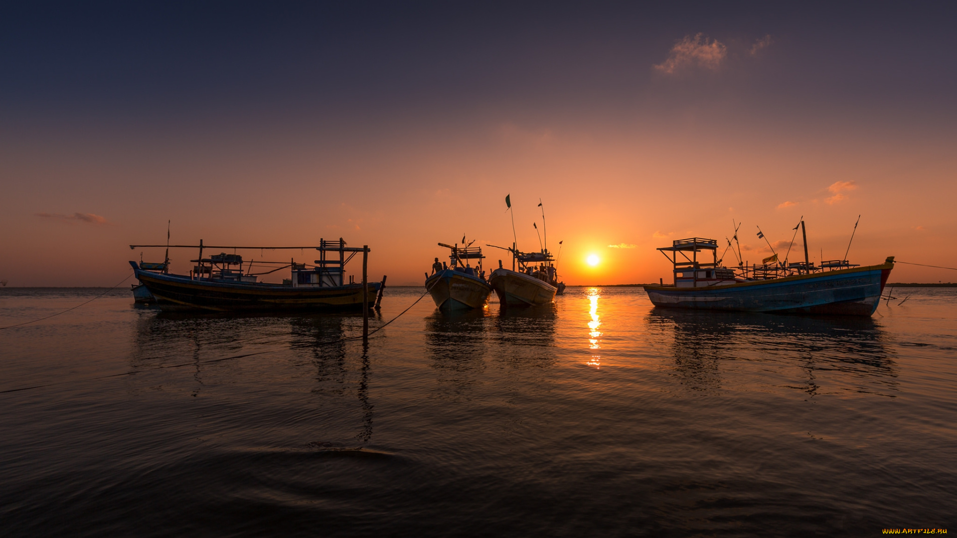 корабли, баркасы, , , буксиры, рассвет