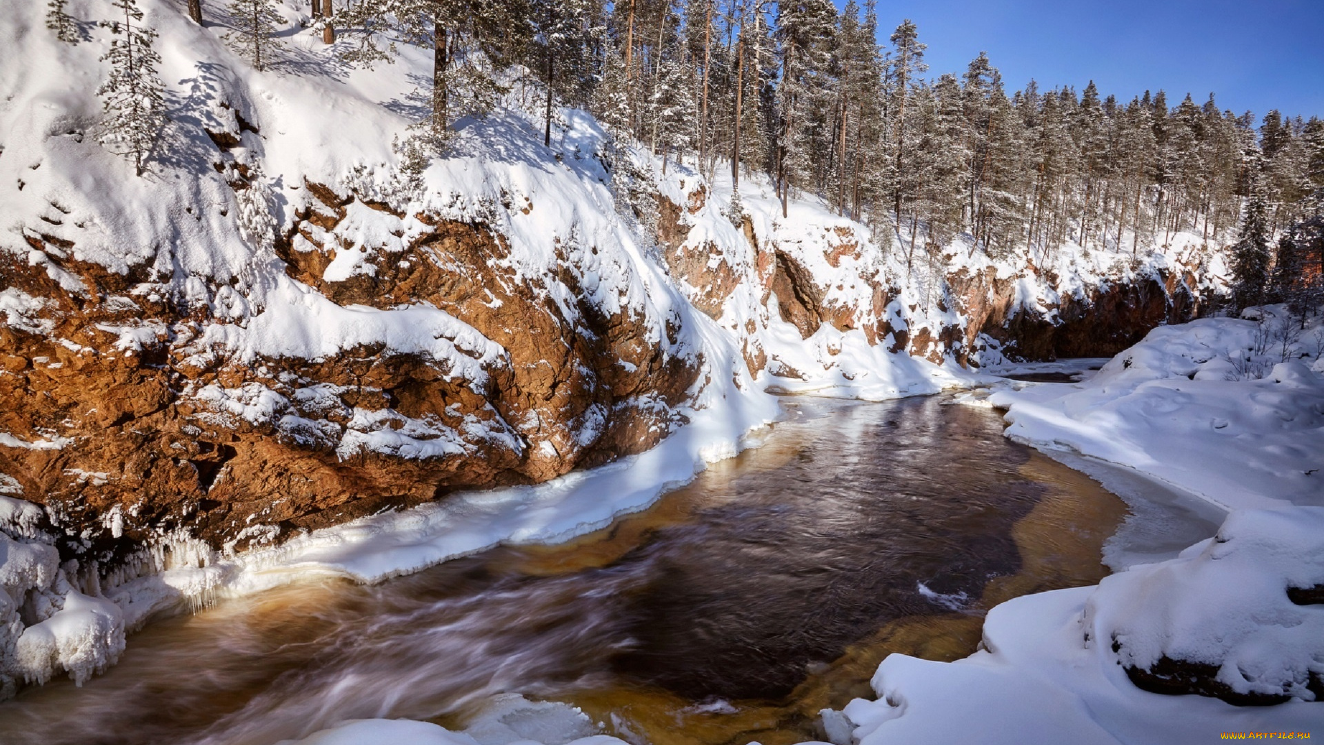 природа, зима, река, обрыв, krubek, снег, лес
