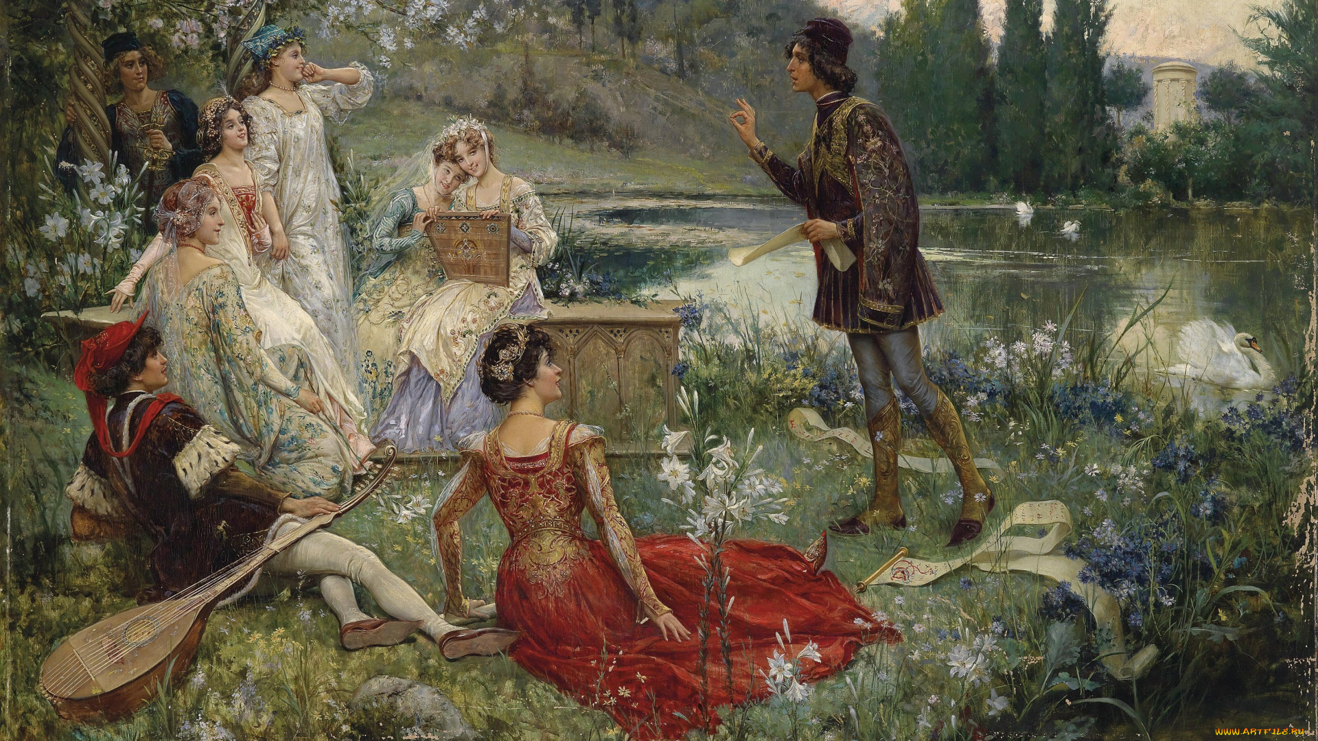 рисованное, живопись, вода, берег, лес, цветы, картина, salvatore, postiglione, свиток, озеро, пейзаж, река, поэт, кавалеры, scene, of, the, narration, decameron, лебедь, дамы