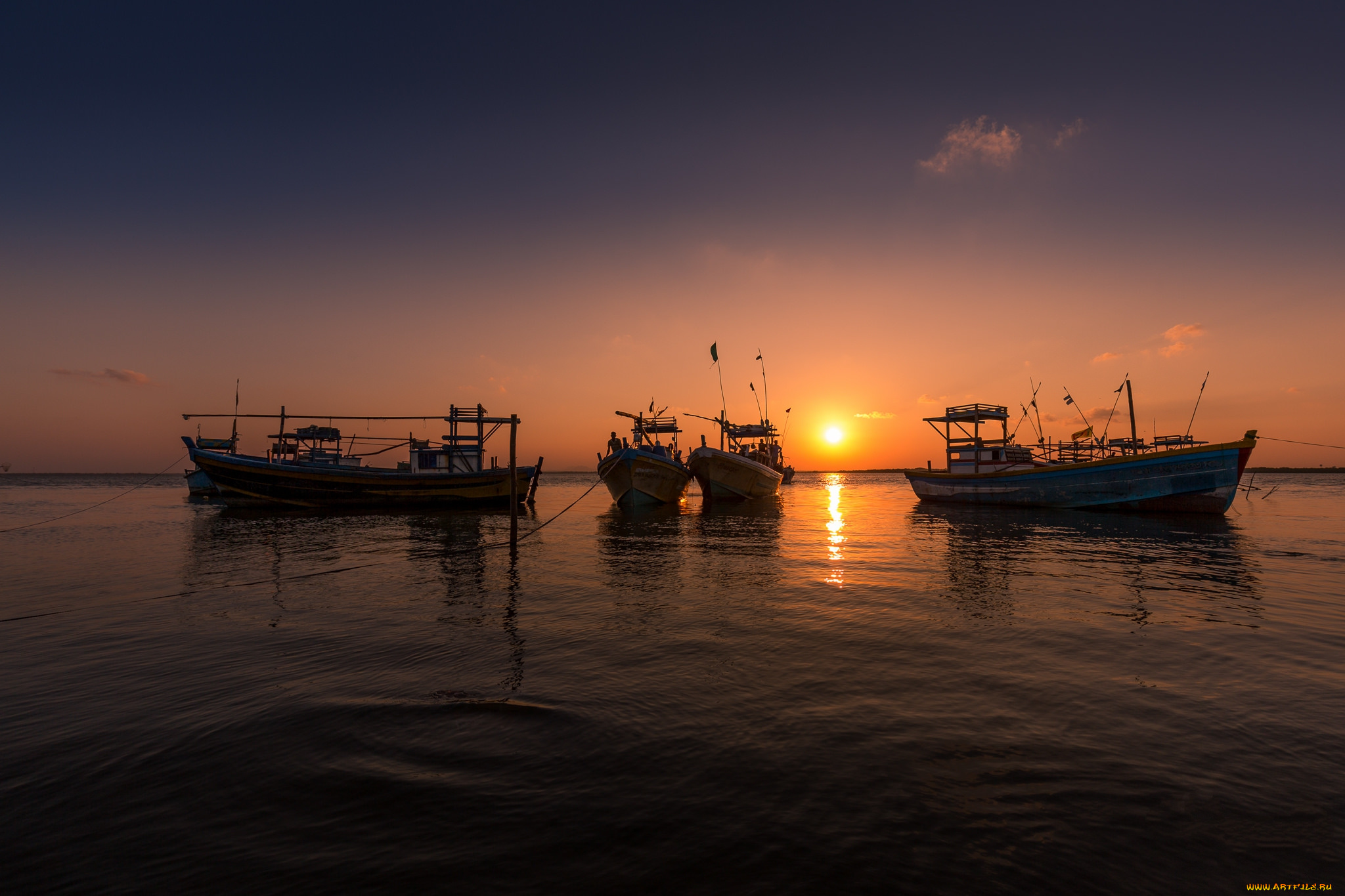 корабли, баркасы, , , буксиры, рассвет