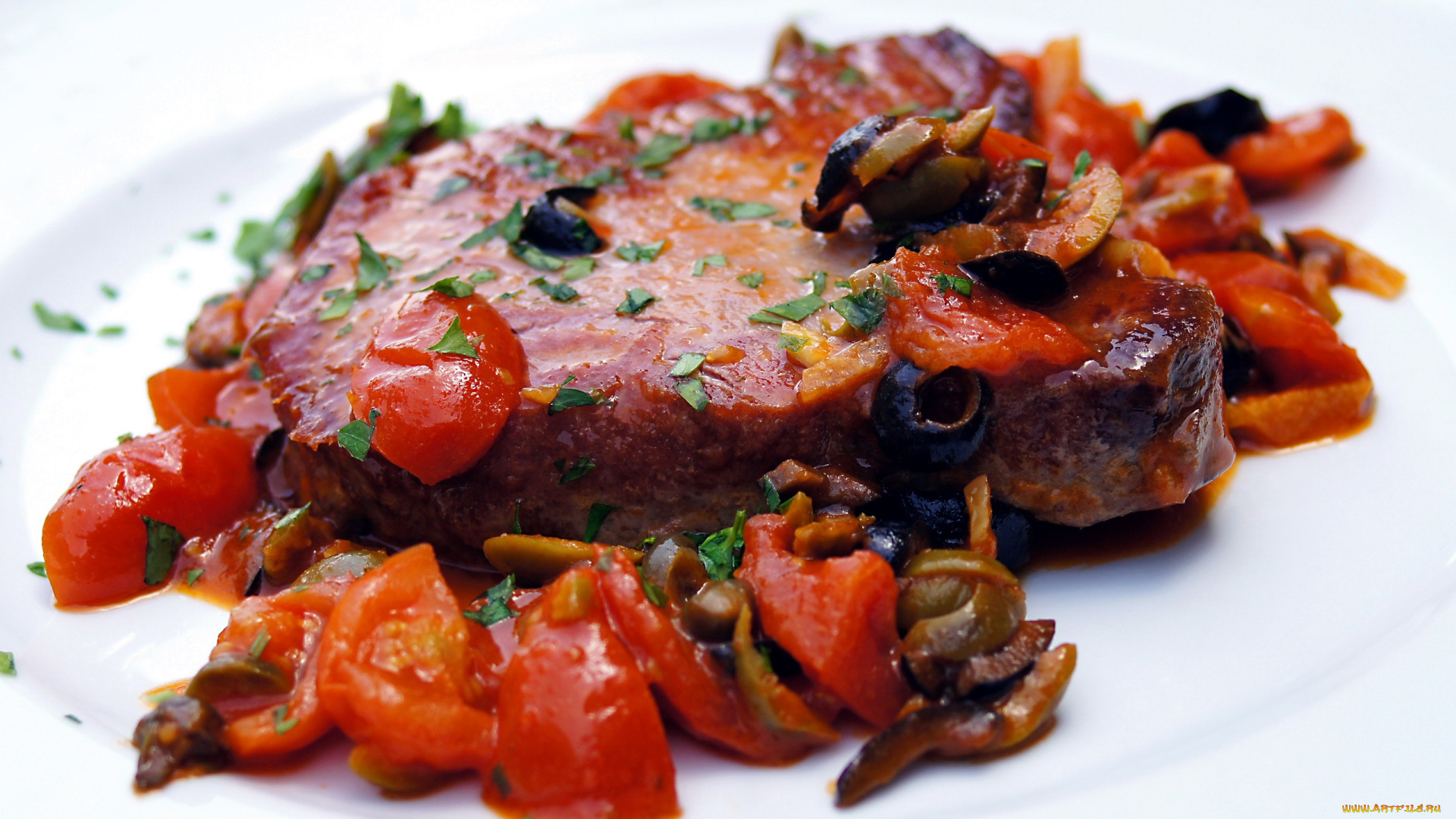 еда, мясные, блюда, маслины, помидоры, стейк