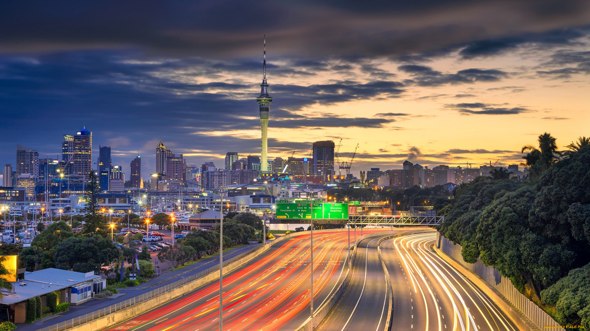 города, окленд, , новая, зеландия, вечер, шоссе, огни