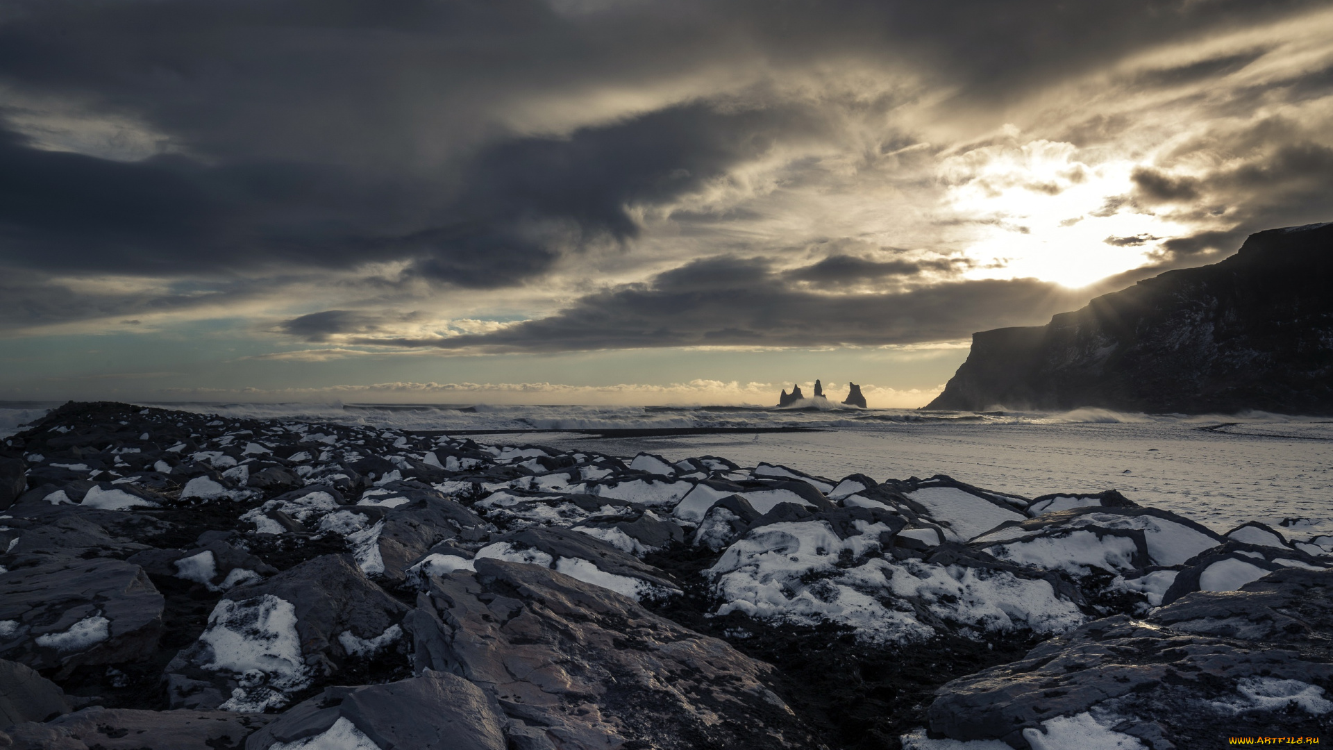 природа, побережье, landscape, sky, облака, snow, снег, dark, ice, море, nature