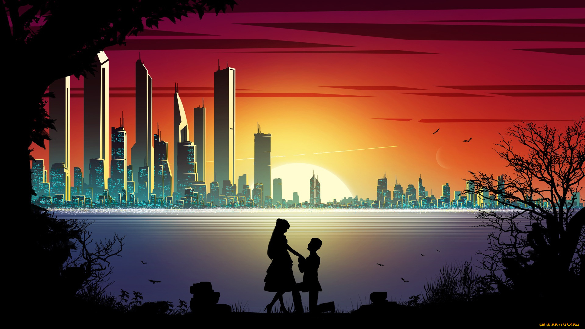 векторная, графика, город, , city, двое, романтика, город, силуэты, закат
