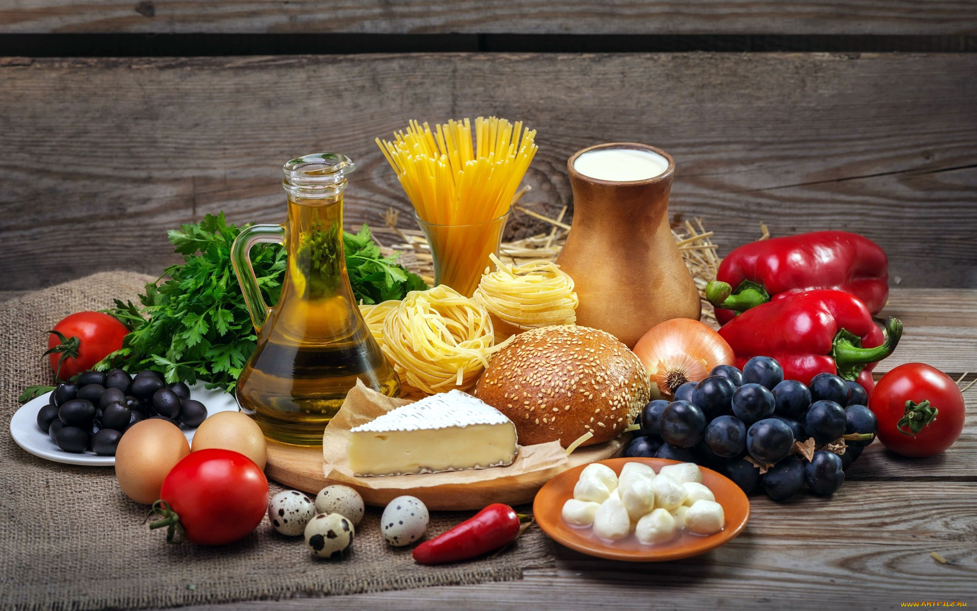 еда, разное, перец, зелень, маслины, сыр, масло, макароны, томаты, помидоры