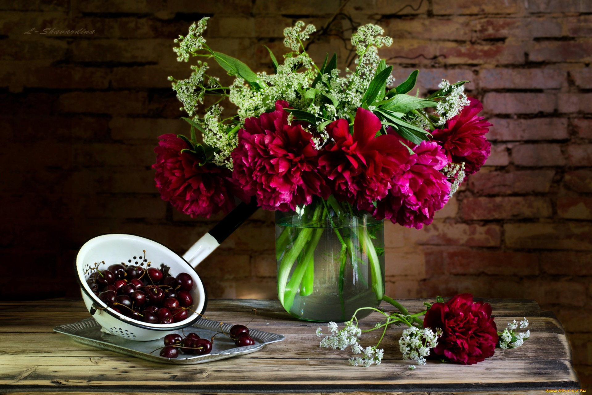 еда, натюрморт, вишня, пионы, букет