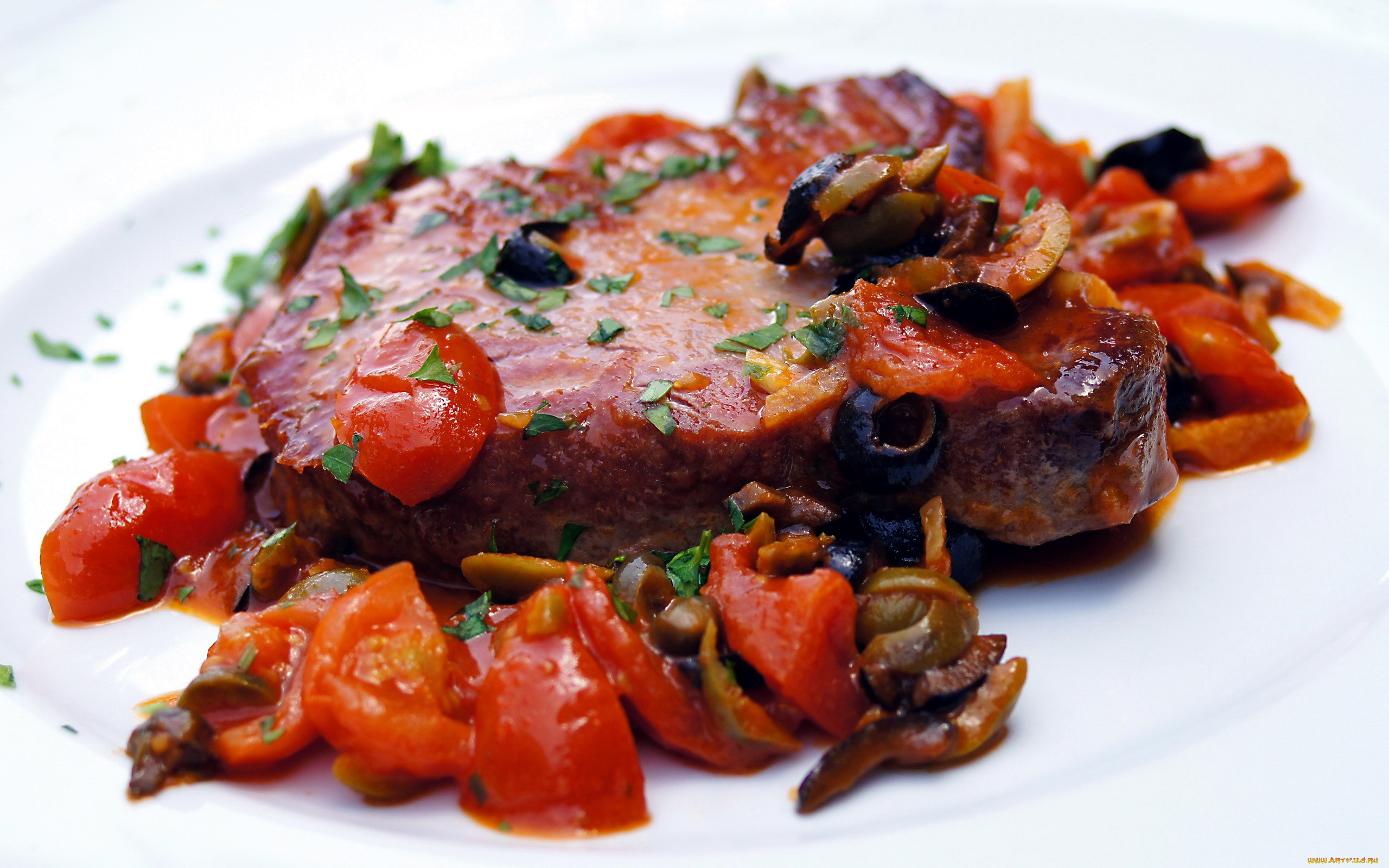 еда, мясные, блюда, маслины, помидоры, стейк