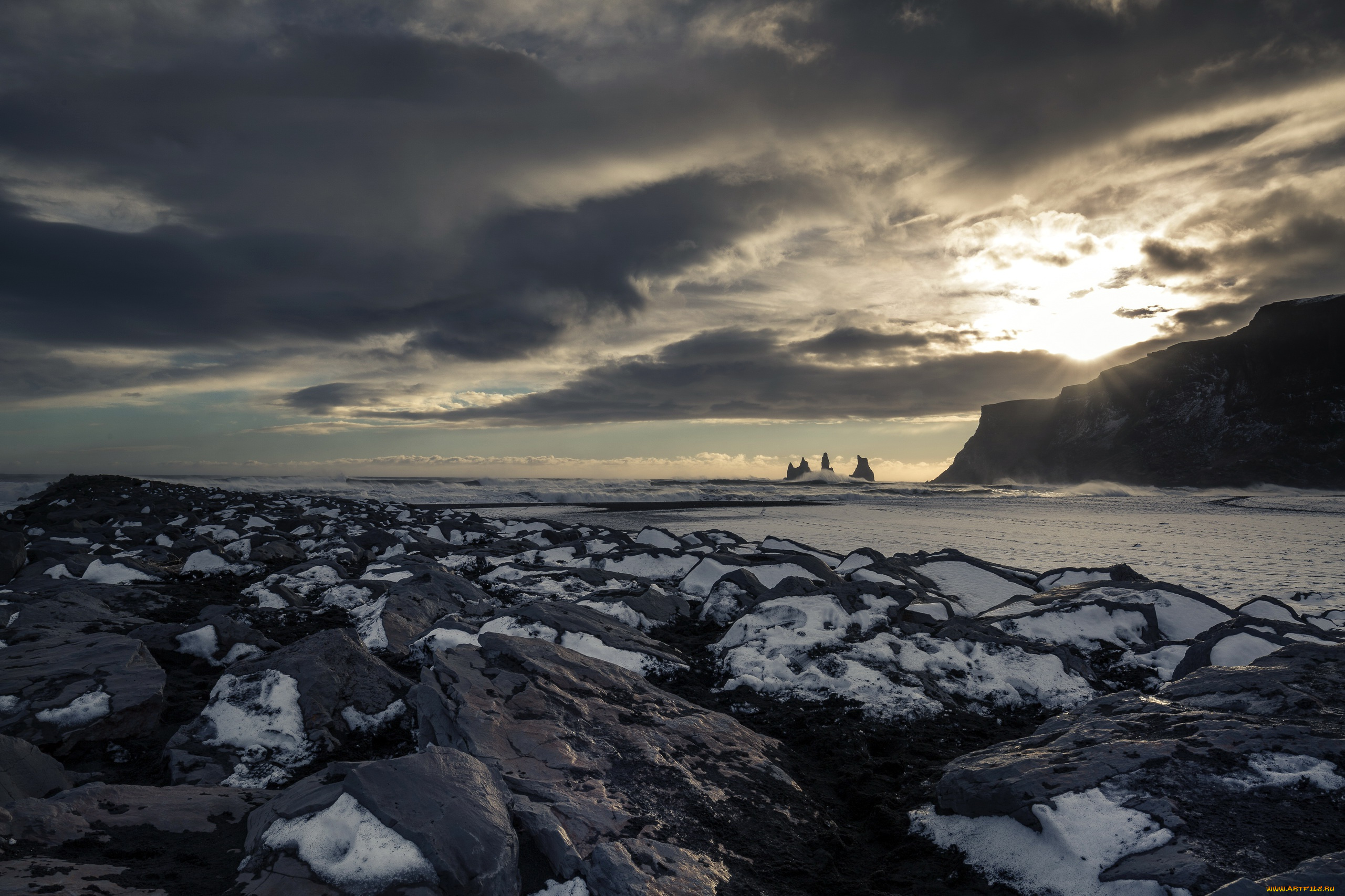 природа, побережье, landscape, sky, облака, snow, снег, dark, ice, море, nature