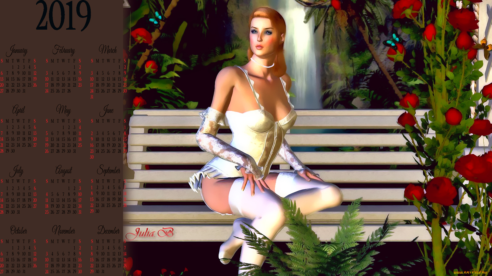 календари, 3д-графика, скамейка, девушка, куст, цветы, водопад