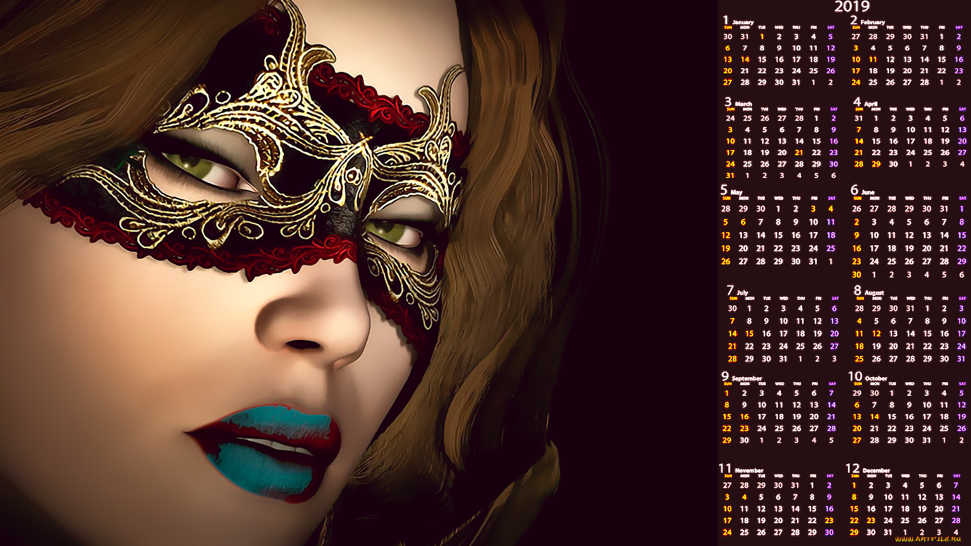 календари, фэнтези, маска, девушка, лицо