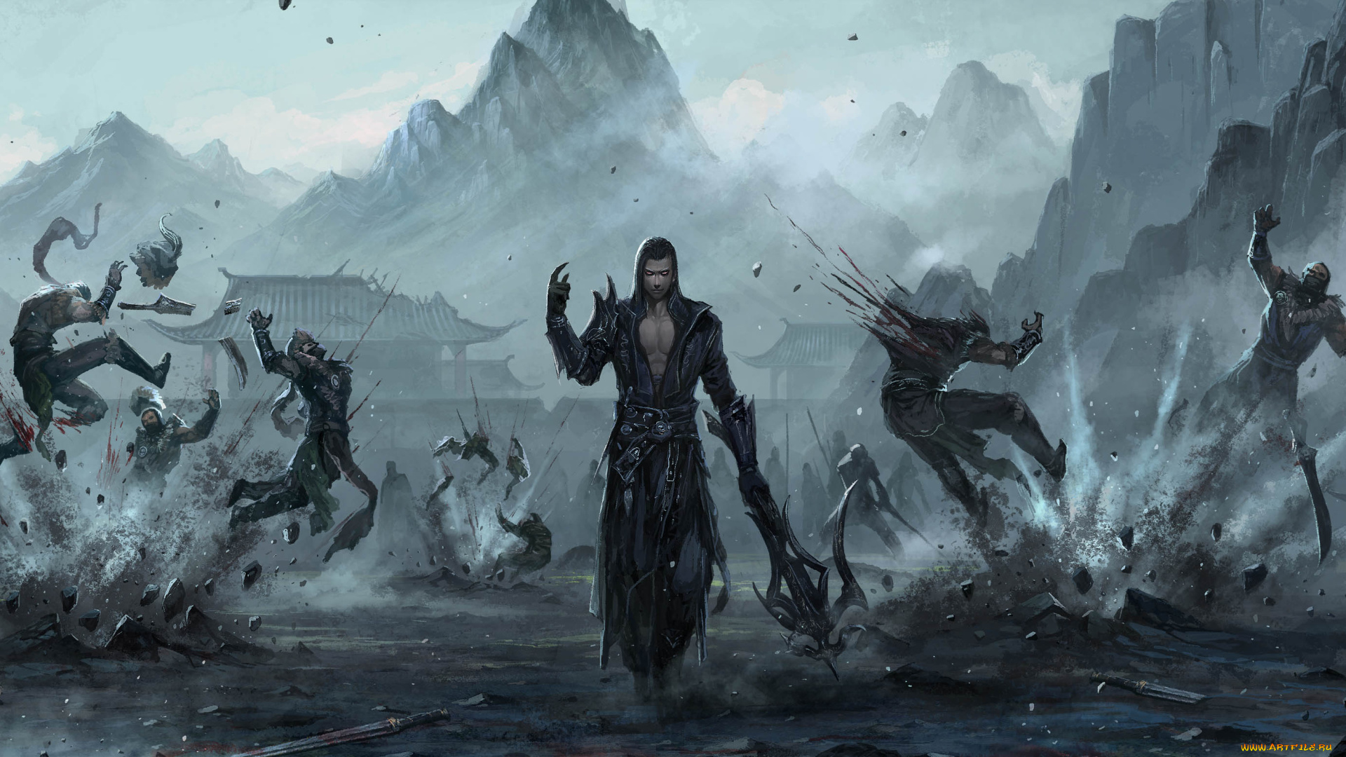 фэнтези, маги, , волшебники, бой, фон, взрыв, мужчина, арбалет