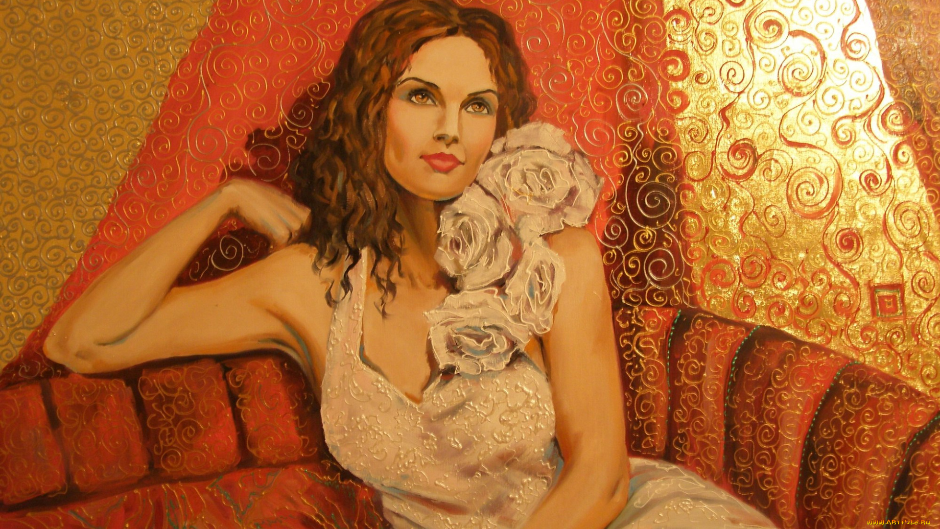рисованное, живопись, женщина, диван, завитки