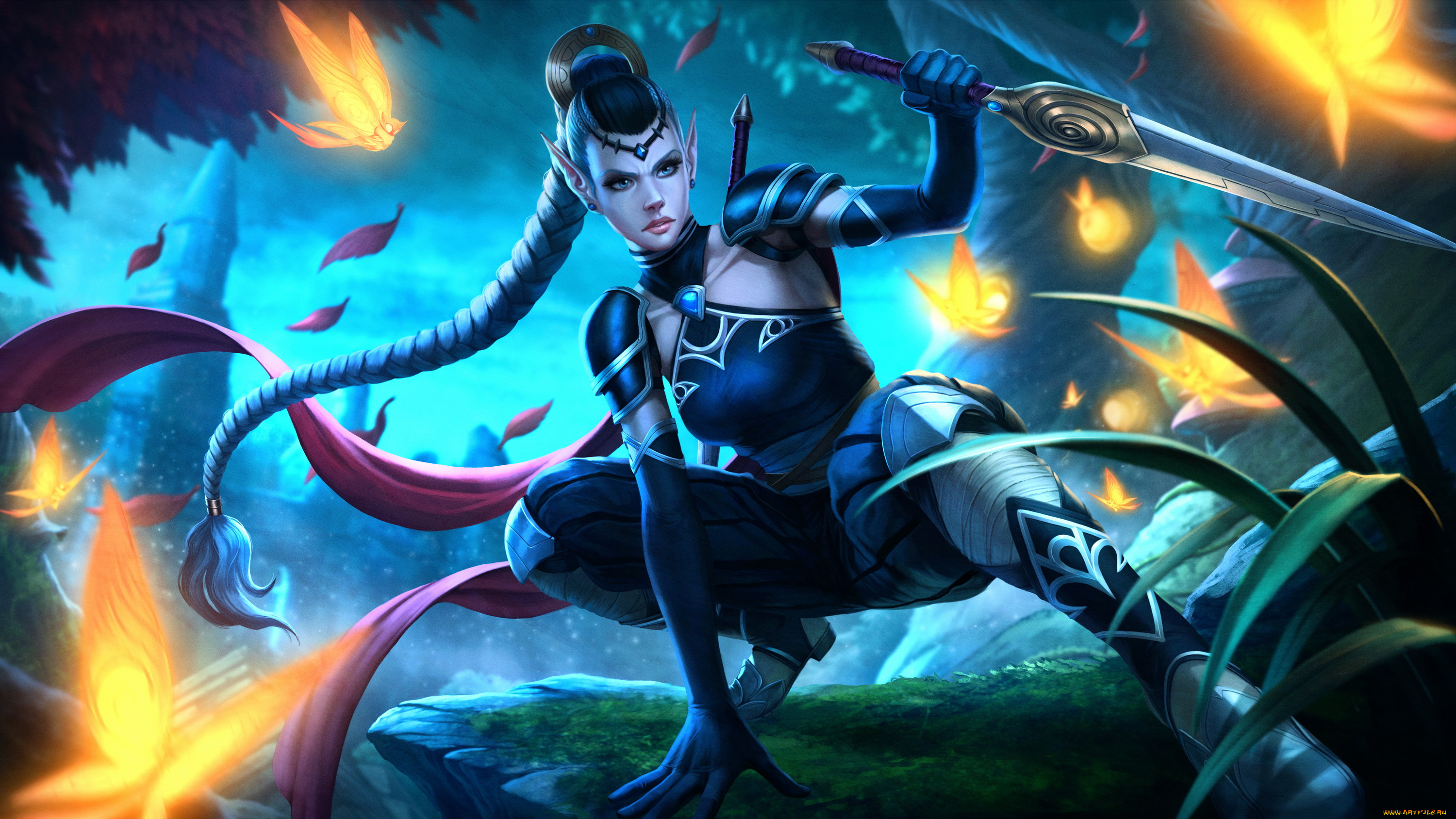 видео, игры, league, of, legends, девушка, фон, взгляд, коса, униформа, кинжал, бабочки