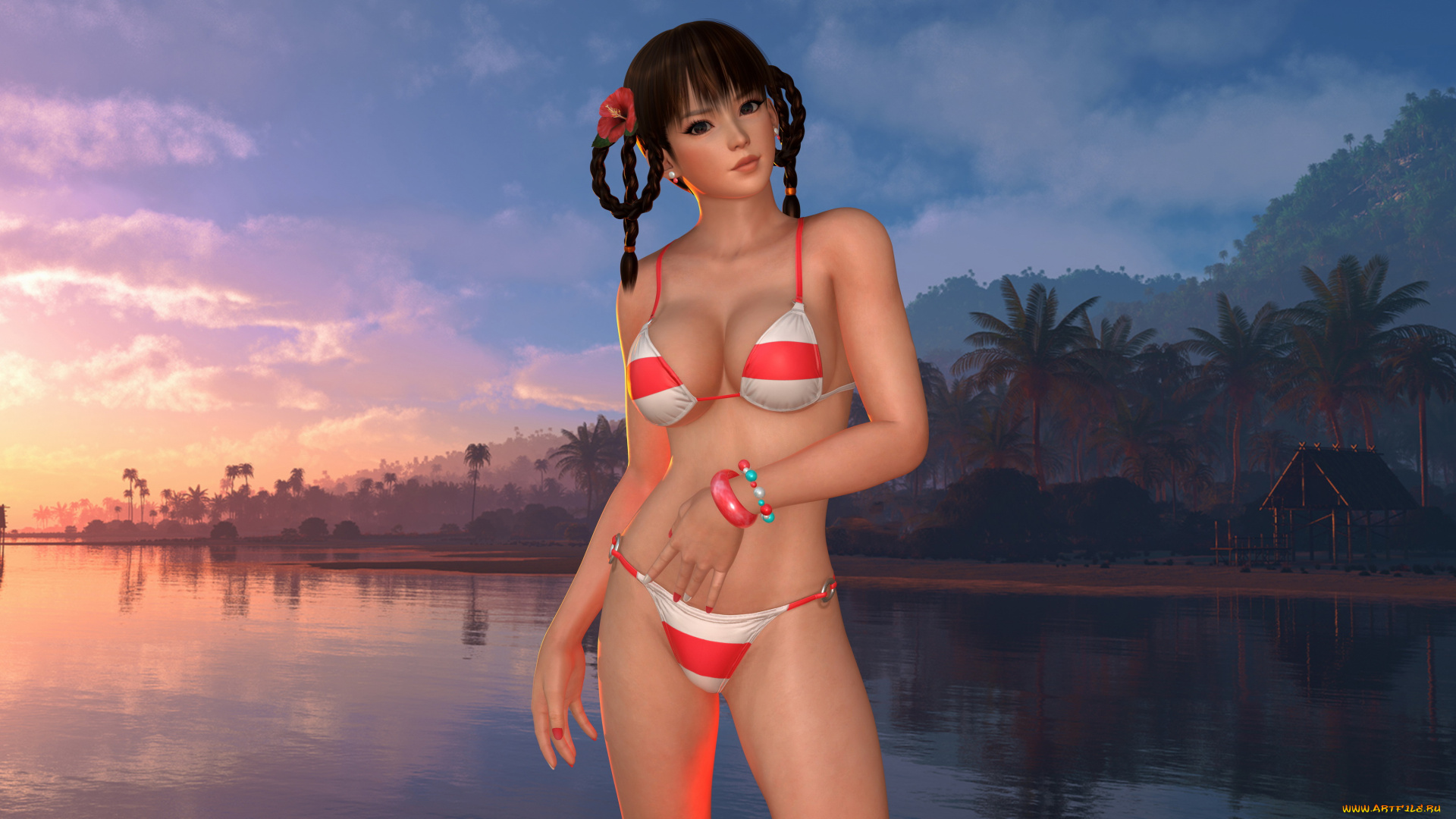 3д, графика, аниме, , anime, девушка, фон, взгляд, купальник, вода, беседка